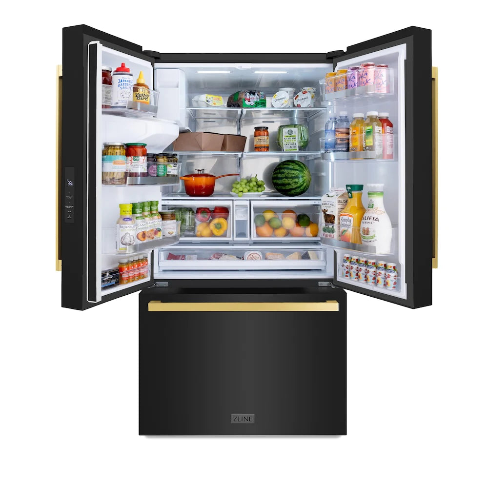 Open refrigerator door showing stocked shelves, bins, and a watermelon in the freezer