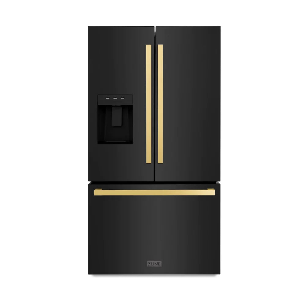 Black two-door refrigerator with dual gold vertical handles and bottom freezer
