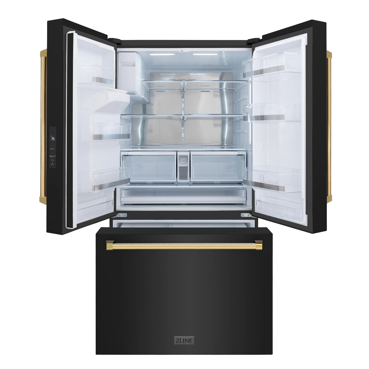 Black stainless French door refrigerator open with freezer drawer and interior shelves