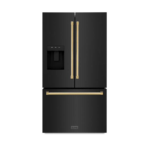 ZLINE Autograph Edition 36 -Inch 28.9 cu. ft. Standard-Depth French Door External Water Dispenser Refrigerator with Dual Ice Maker in Black Stainless Steel and Polished Gold Handles (RSMZ-W-36-BS-G)