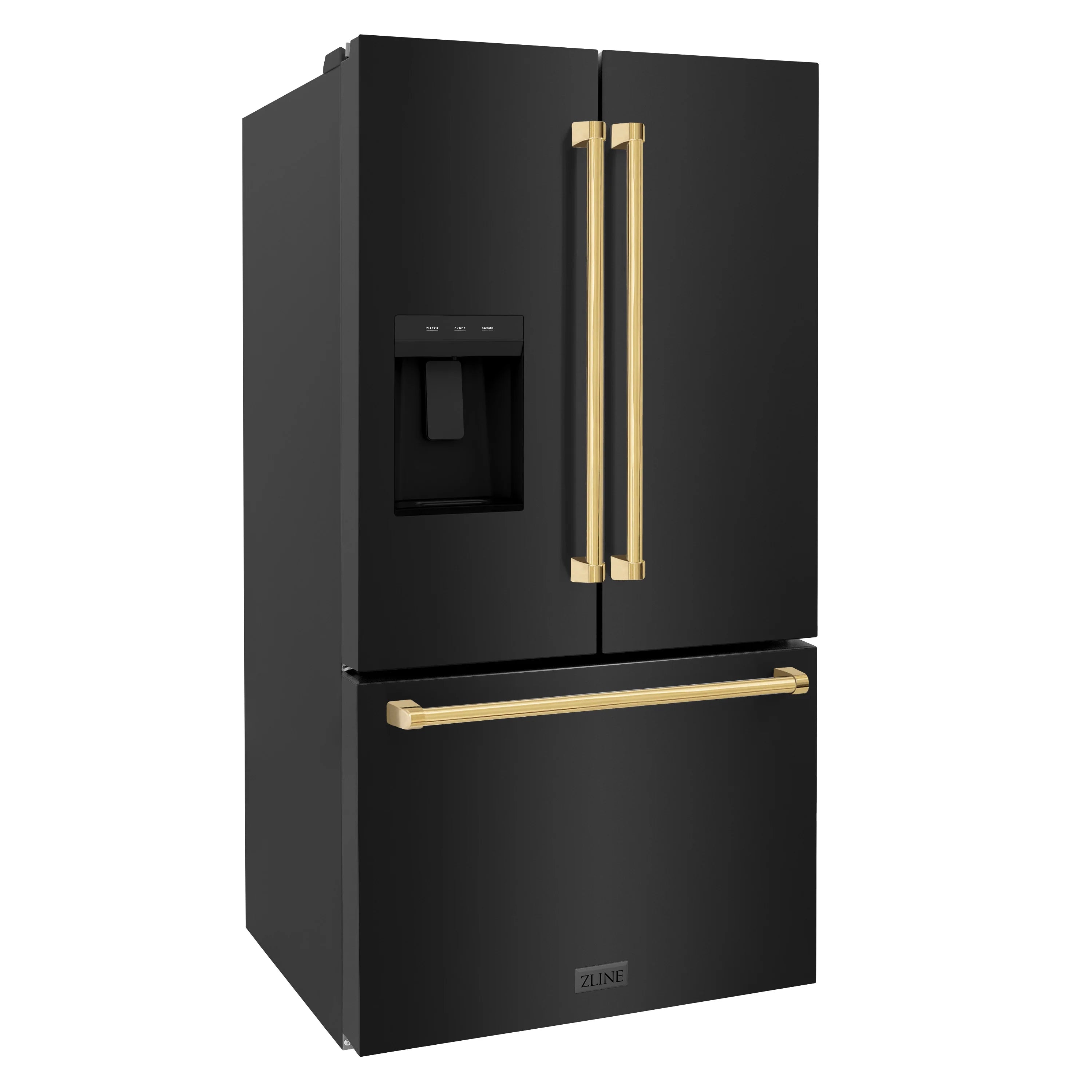 Black stainless French door refrigerator with dual polished gold handles and dispenser