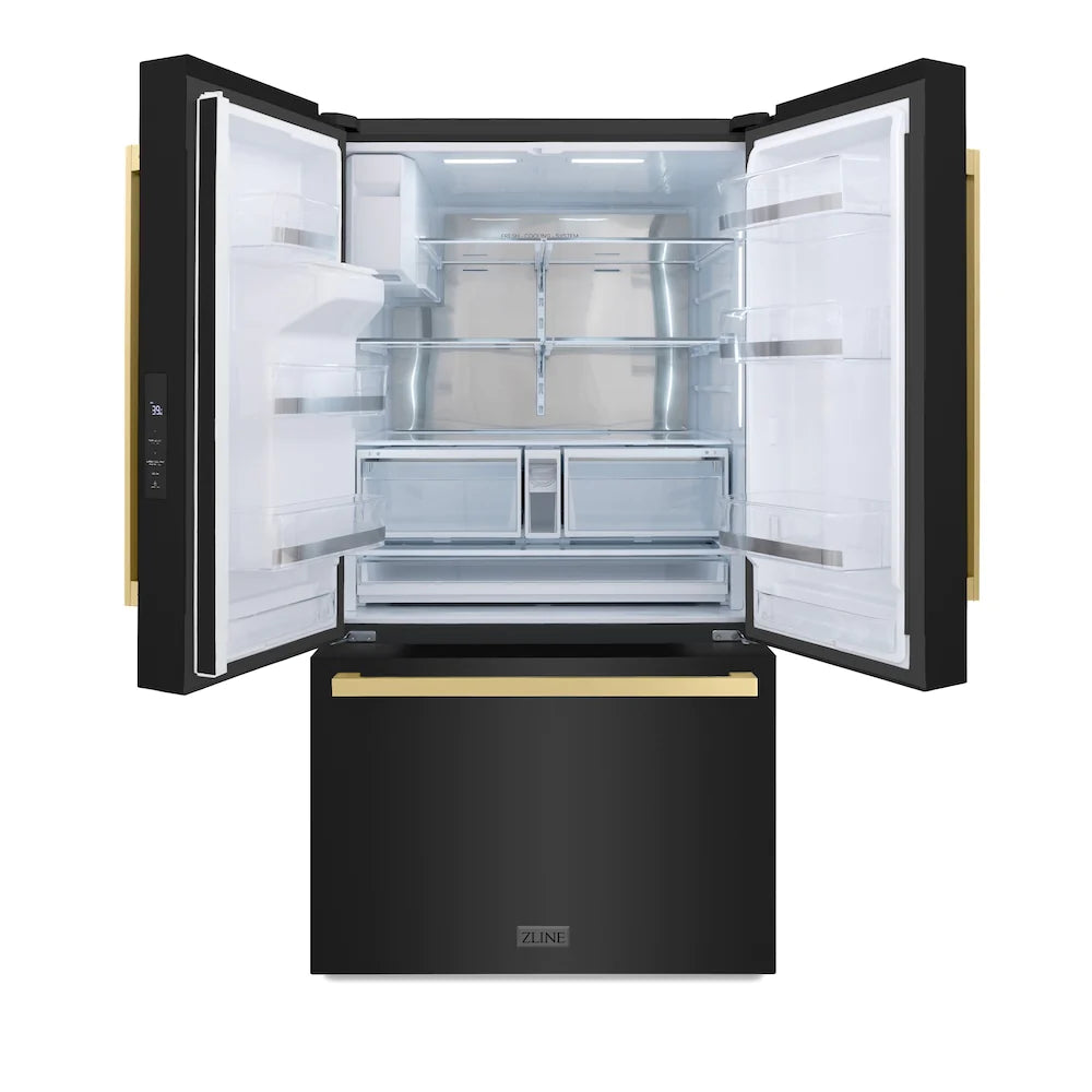 French-door refrigerator with doors open and visible center drawers and shelves