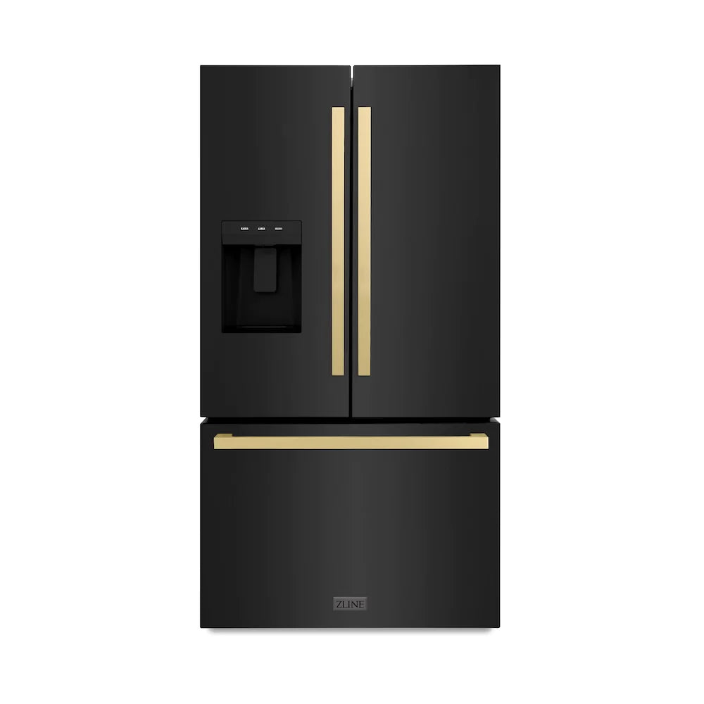 Black stainless refrigerator with external water dispenser and champagne bronze handles