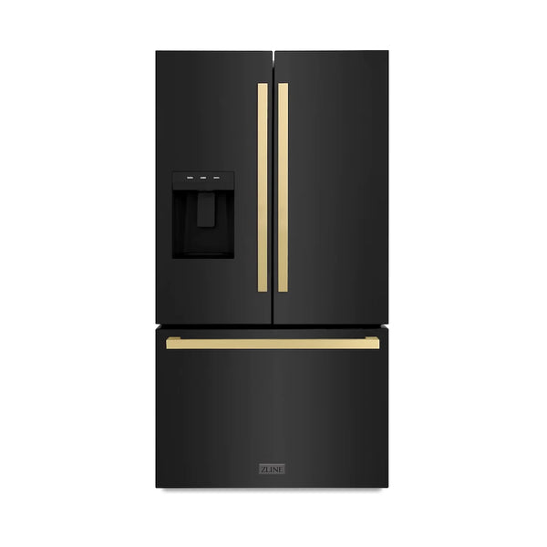 ZLINE Autograph Edition 36-Inch 28.9 cu. ft. Standard-Depth French Door External Water Dispenser Refrigerator with Dual Ice Maker in Black Stainless Steel and Champagne Bronze Square Handles (RSMZ-W36-BS-FCB)