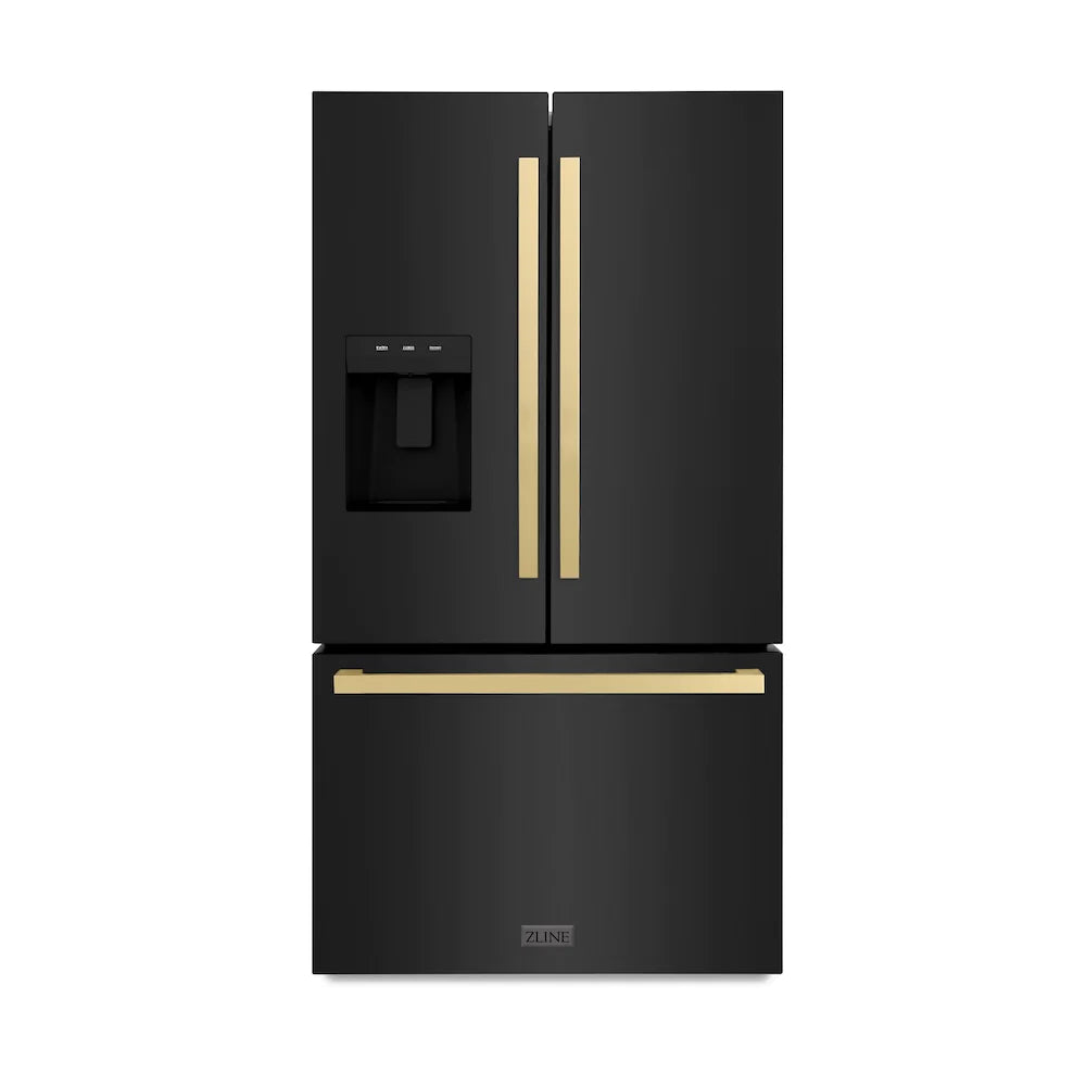 Black stainless French-door refrigerator with champagne bronze long handles and water dispenser