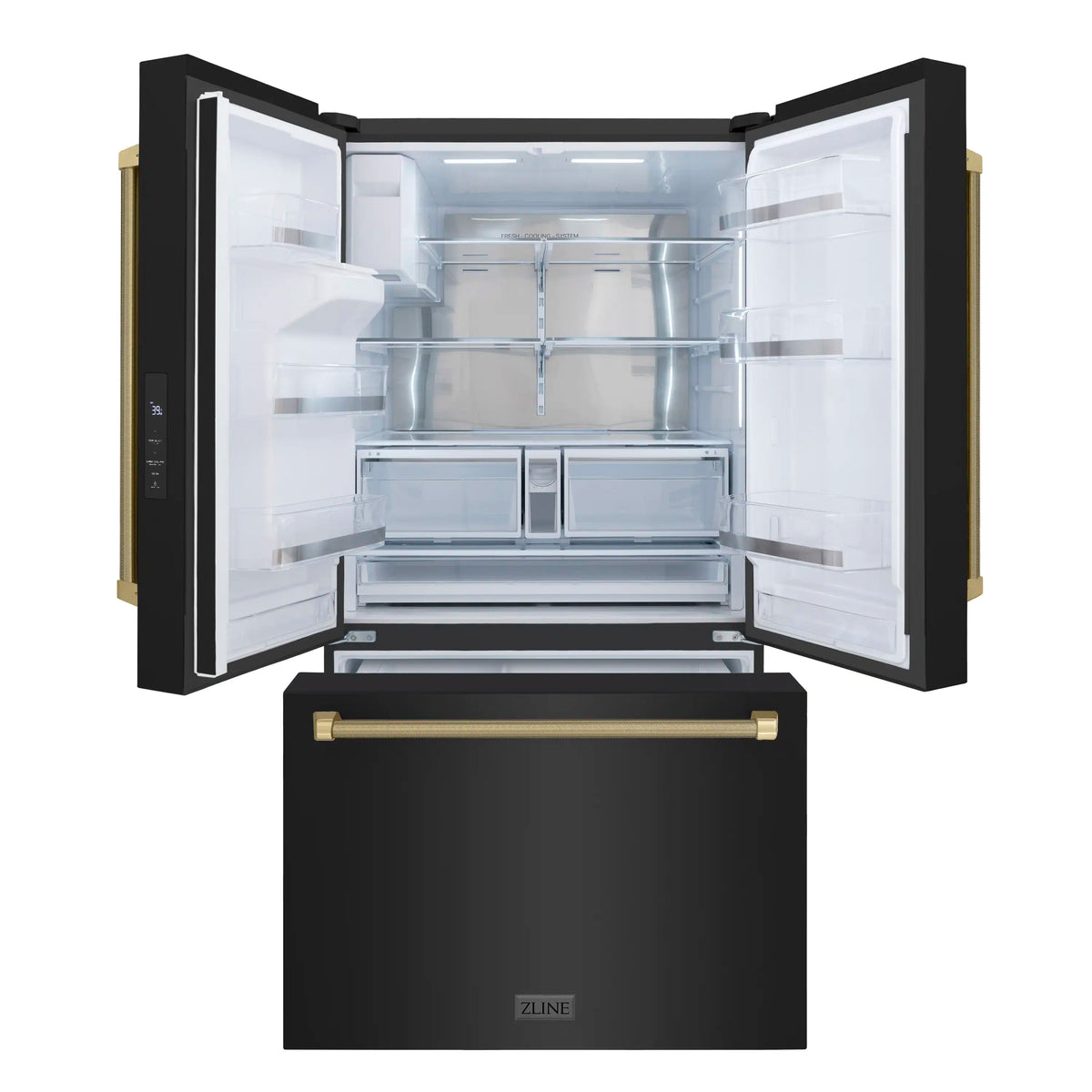 Refrigerator doors open with shelves and drawers, black exterior and bronze handle