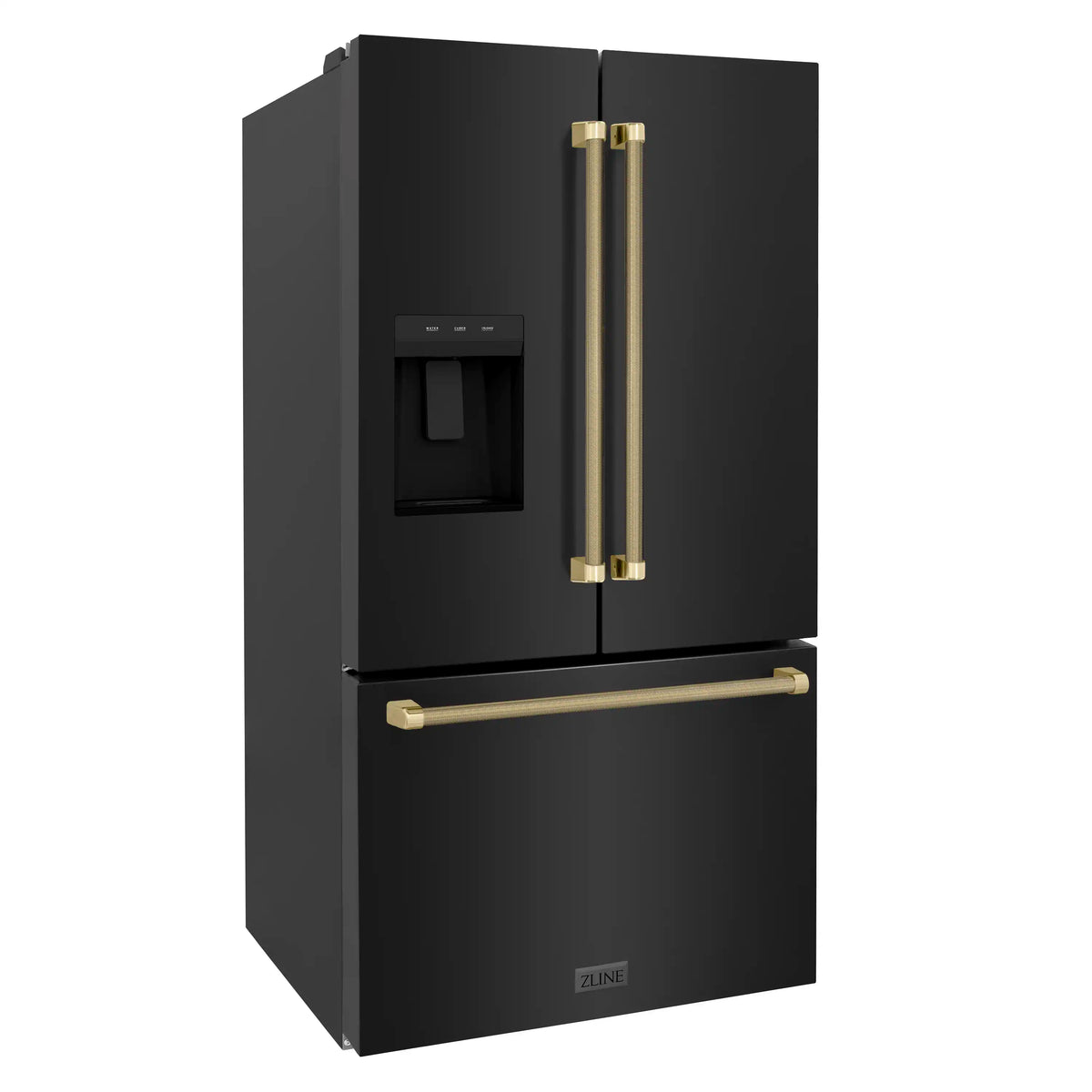 Black refrigerator front view with bronze handle bar and vertical water dispenser