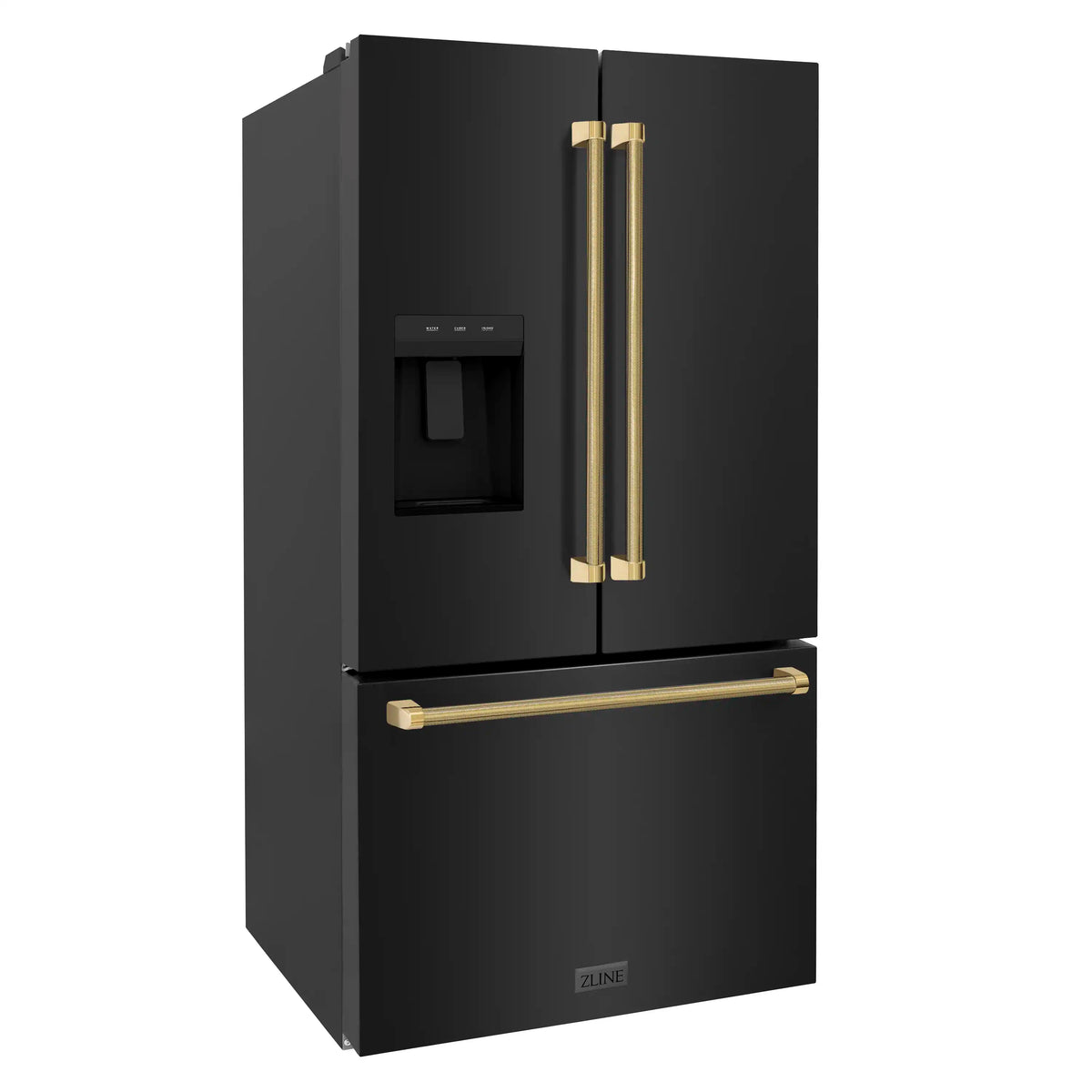 Black stainless French door refrigerator front view with dual gold helix handles
