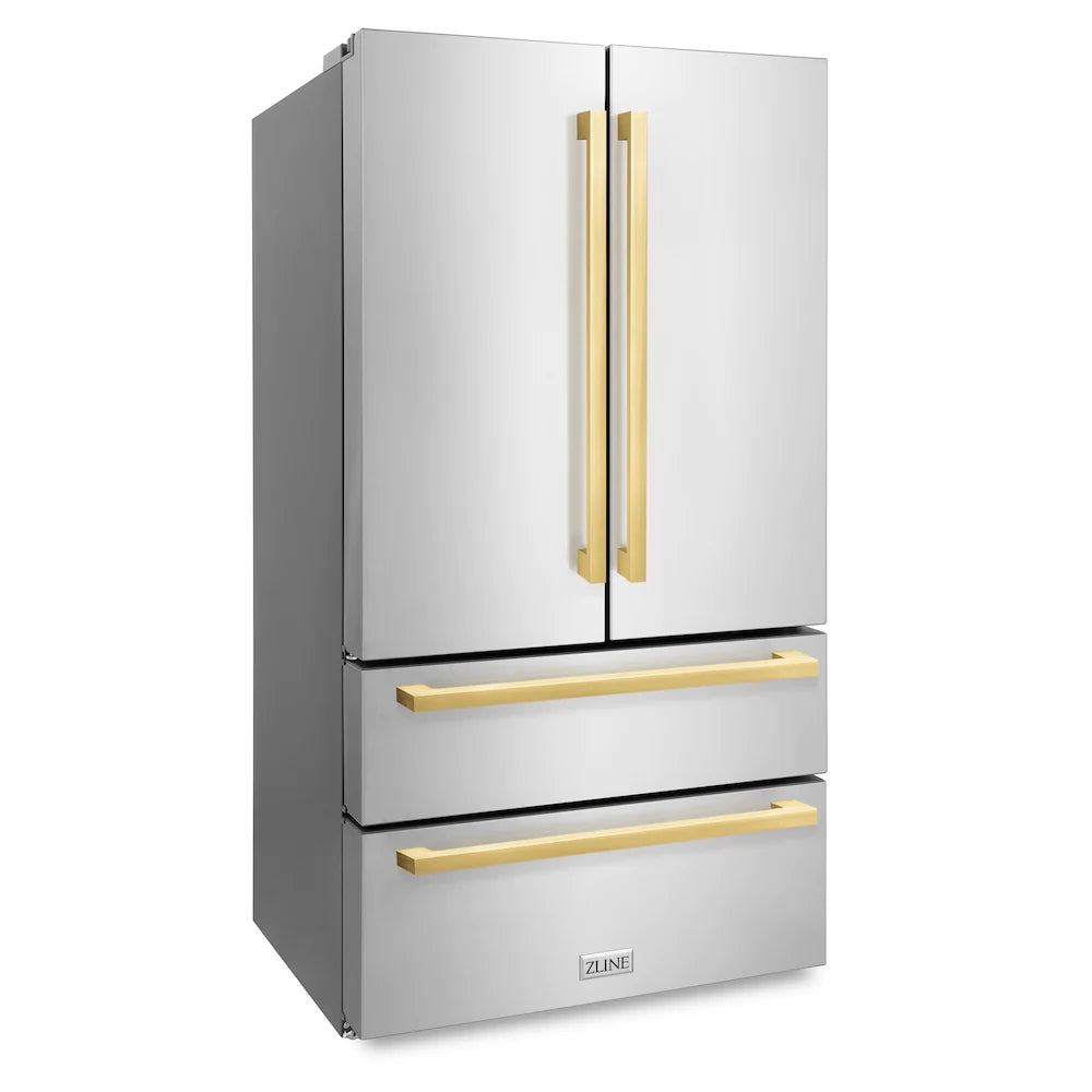 Stainless steel refrigerator with gold square handle doors and drawers