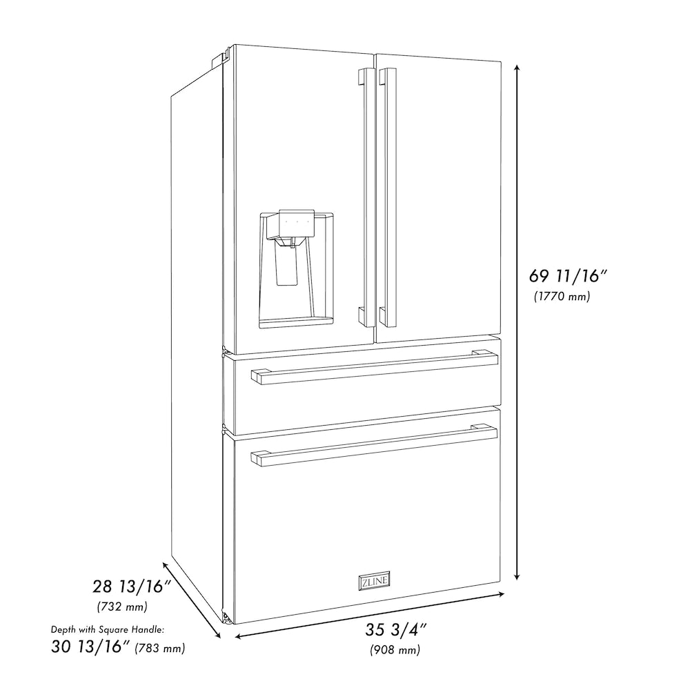 Stainless steel French door refrigerator with gold square handles and water/ice dispenser