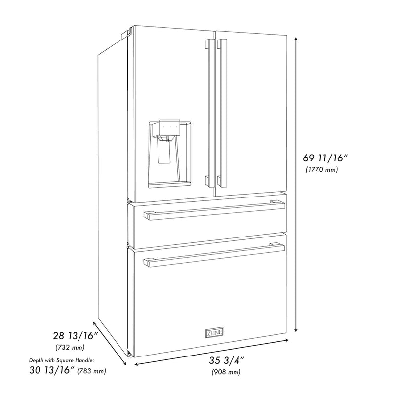 ZLINE Autograph Edition 36-Inch 21.6 cu. ft 4-Door French Door Refrigerator with Water and Ice Dispenser in Stainless Steel with Polished Gold Square Handles (RFMZ-W-36-FG)