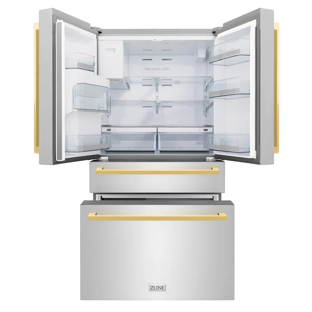French door refrigerator open with pull-out drawer and gold handles