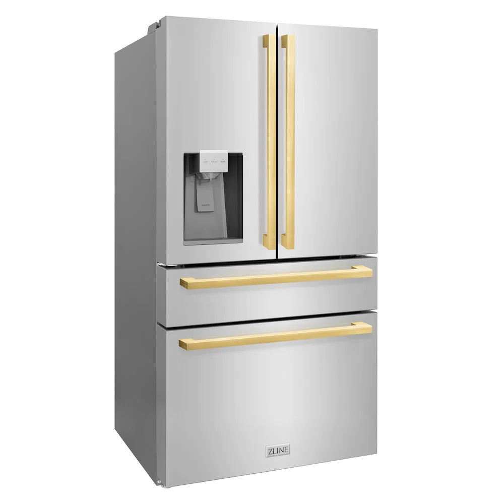 Stainless steel 4-door French door refrigerator with gold square handles