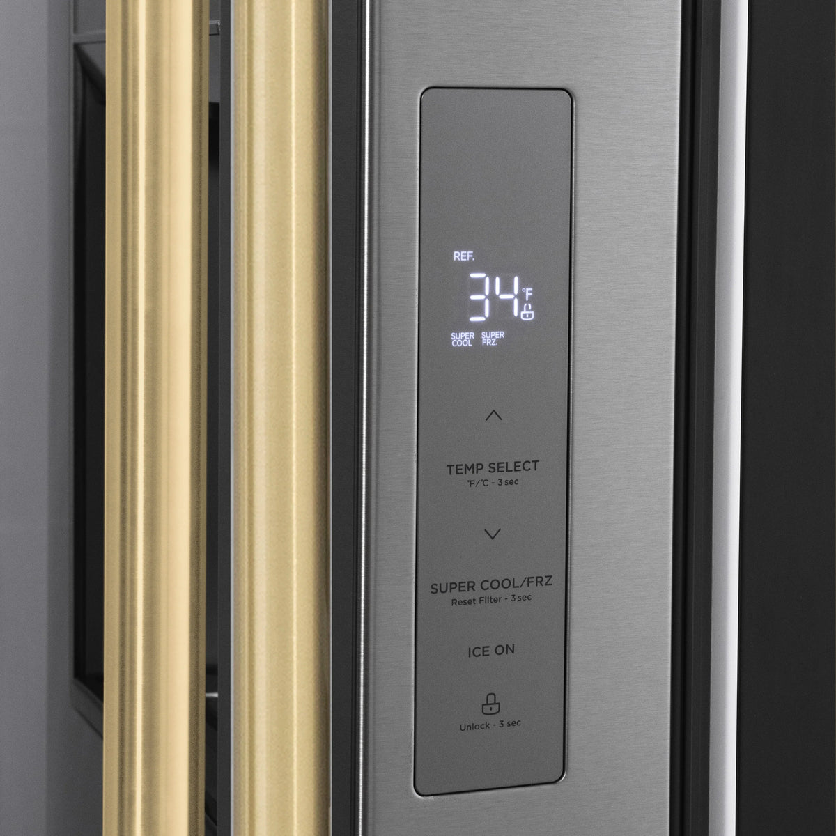 Stainless steel refrigerator door with electronic dispenser control panel and temperature display