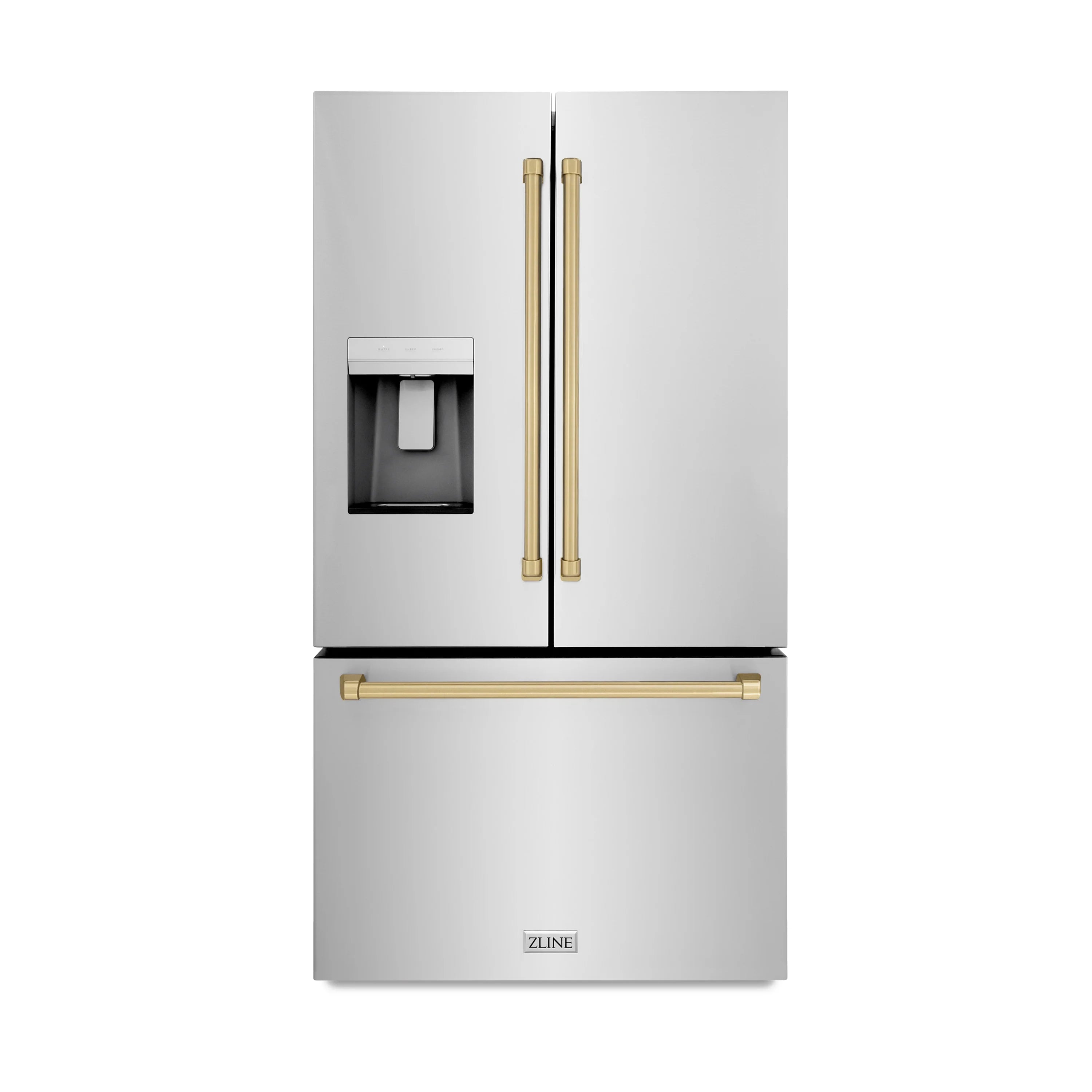Stainless steel French door refrigerator with water dispenser and brass-colored bar handles
