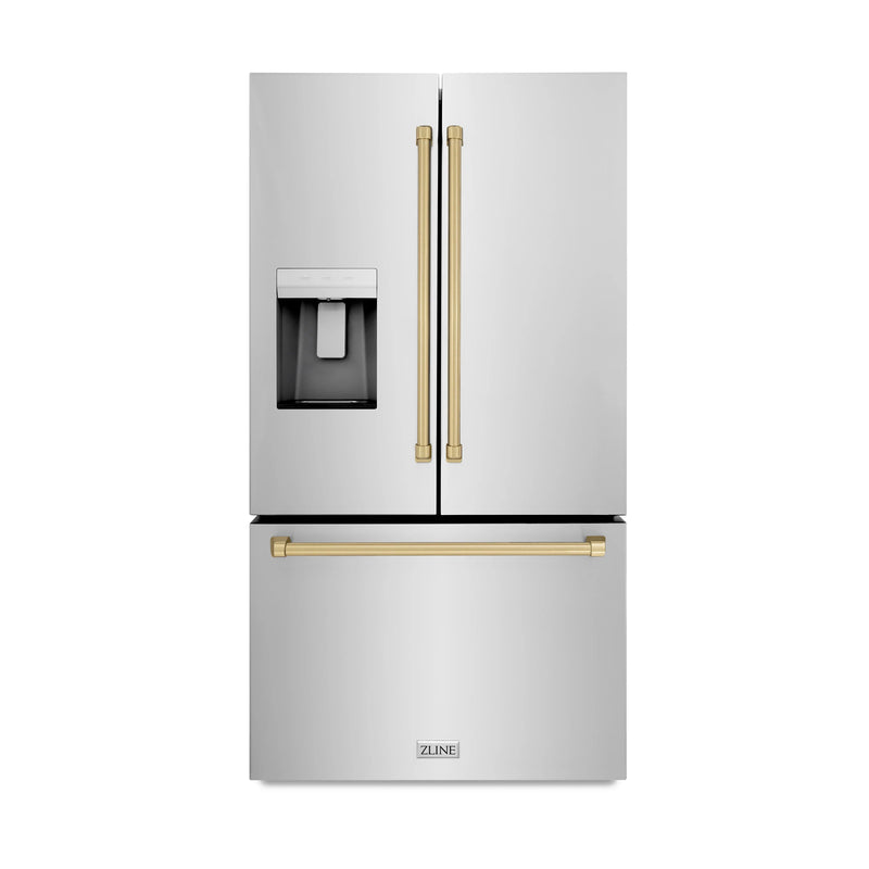 ZLINE Autograph Edition 36 -Inch 28.9 cu. ft. Standard-Depth French Door External Water Dispenser Refrigerator with Dual Ice Maker in Fingerprint Resistant Stainless Steel and Champagne Bronze Handles (RSMZ-W-36-CB)