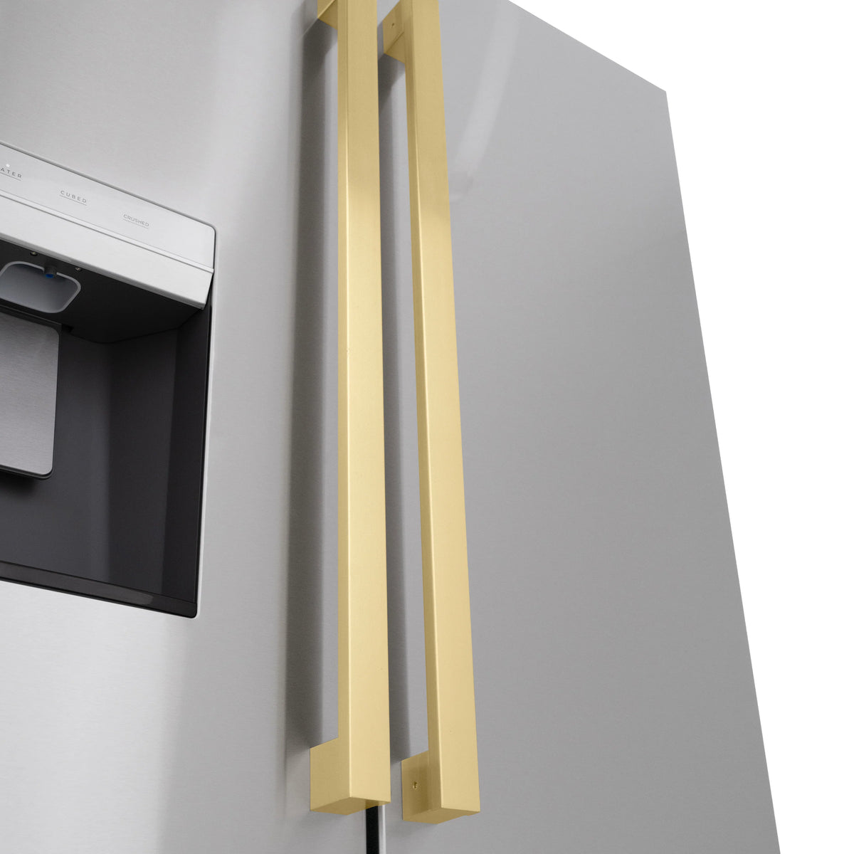 Installed champagne bronze refrigerator handles, long vertical bars with square mounting bases