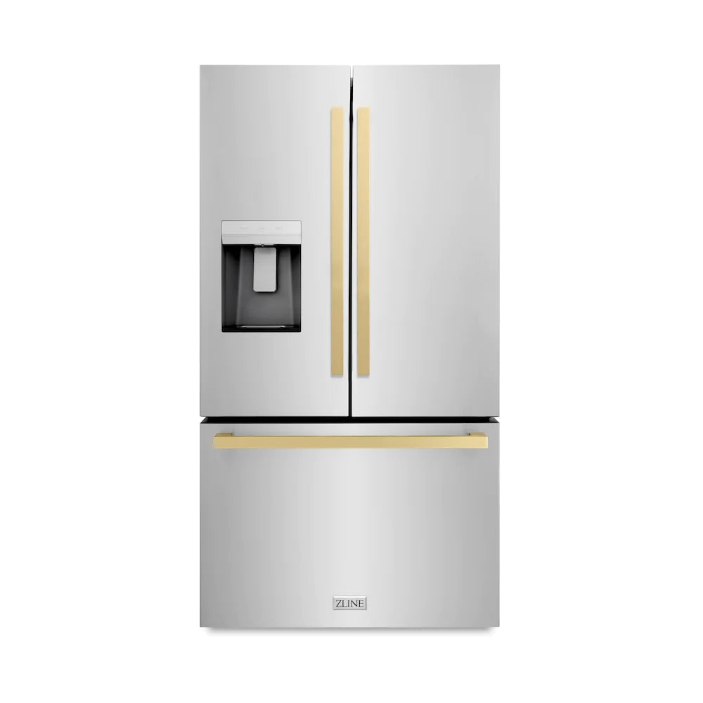 Stainless refrigerator front with external water dispenser and champagne bronze bar handles