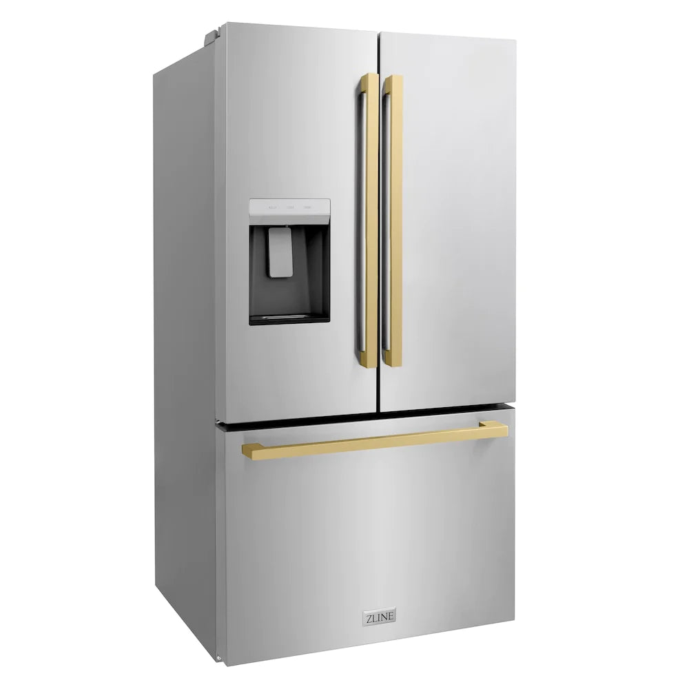 Fingerprint-resistant stainless refrigerator with champagne bronze square handles, closed doors