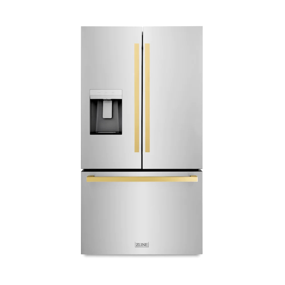 Stainless refrigerator with dual gold long handles and external water dispenser