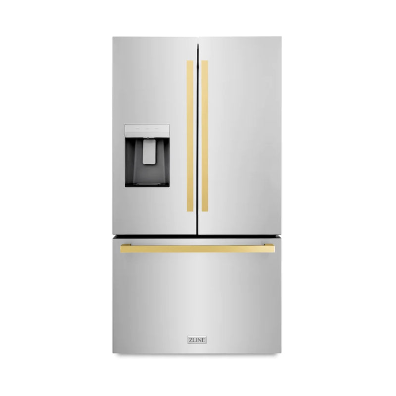 ZLINE Autograph Edition 36-Inch 28.9 cu. ft. Standard-Depth French Door External Water Dispenser Refrigerator with Dual Ice Maker in Fingerprint Resistant Stainless Steel and Polished Gold Square Handles (RSMZ-W-36-FG)