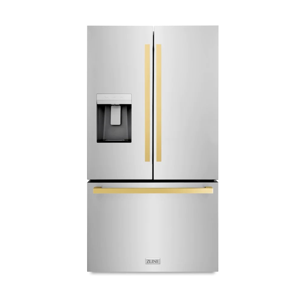 Stainless refrigerator with dual gold vertical handles and external water dispenser
