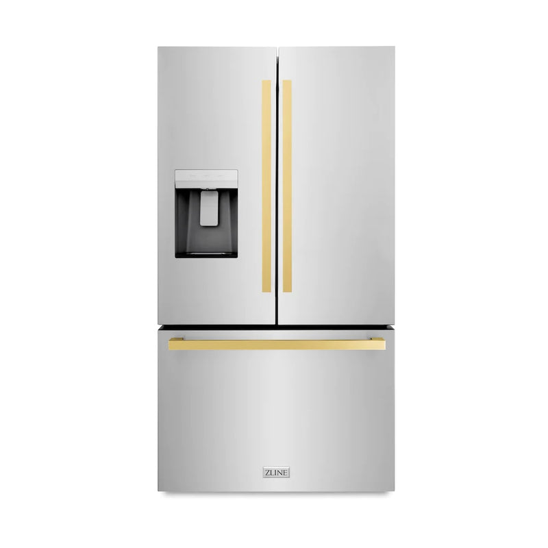 ZLINE Autograph Edition 36-Inch 28.9 cu. ft. Standard-Depth French Door External Water Dispenser Refrigerator with Dual Ice Maker in Fingerprint Resistant Stainless Steel and Polished Gold Square Handles (RSMZ-W-36-FG)