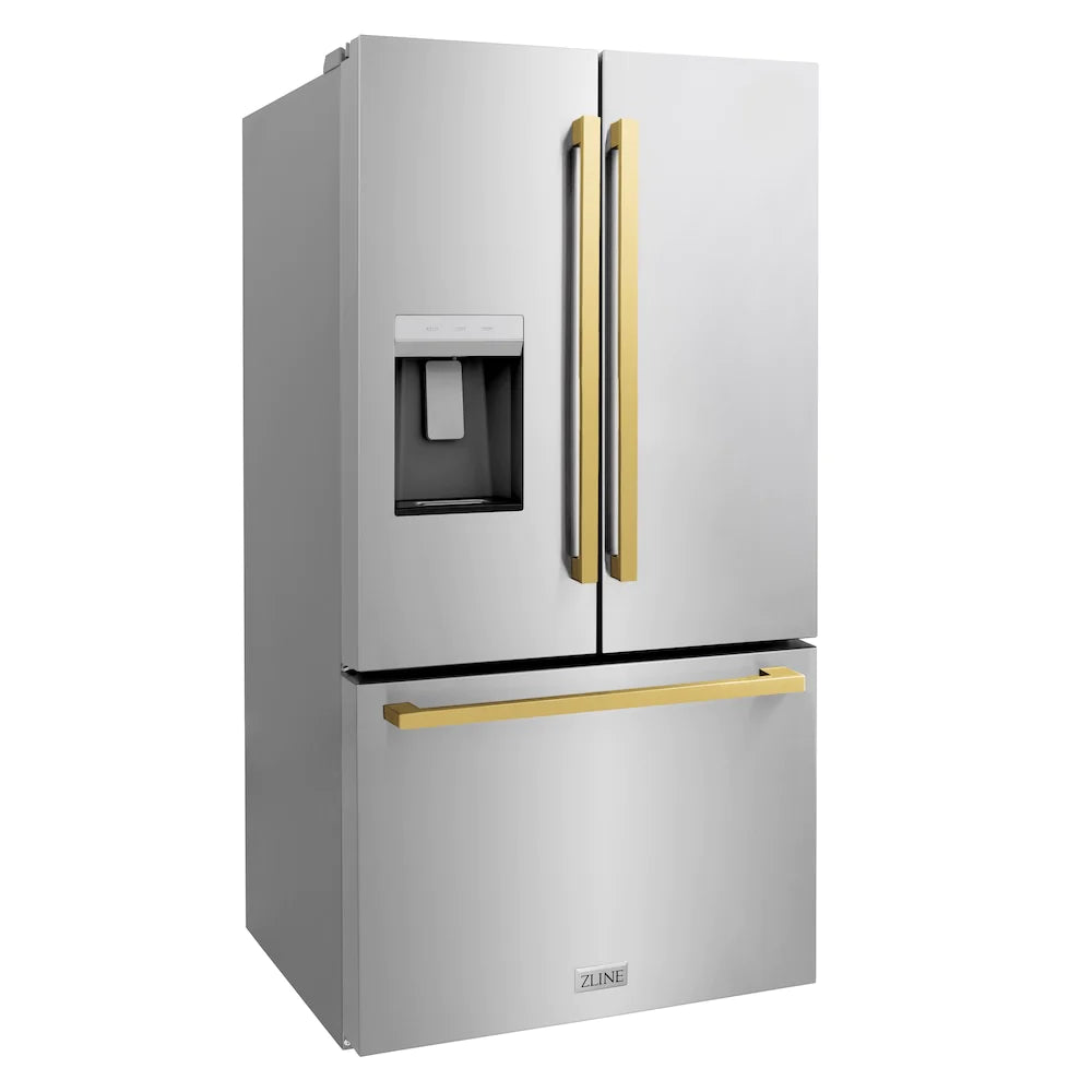 Fingerprint-resistant stainless refrigerator with dual gold square handles and water dispenser