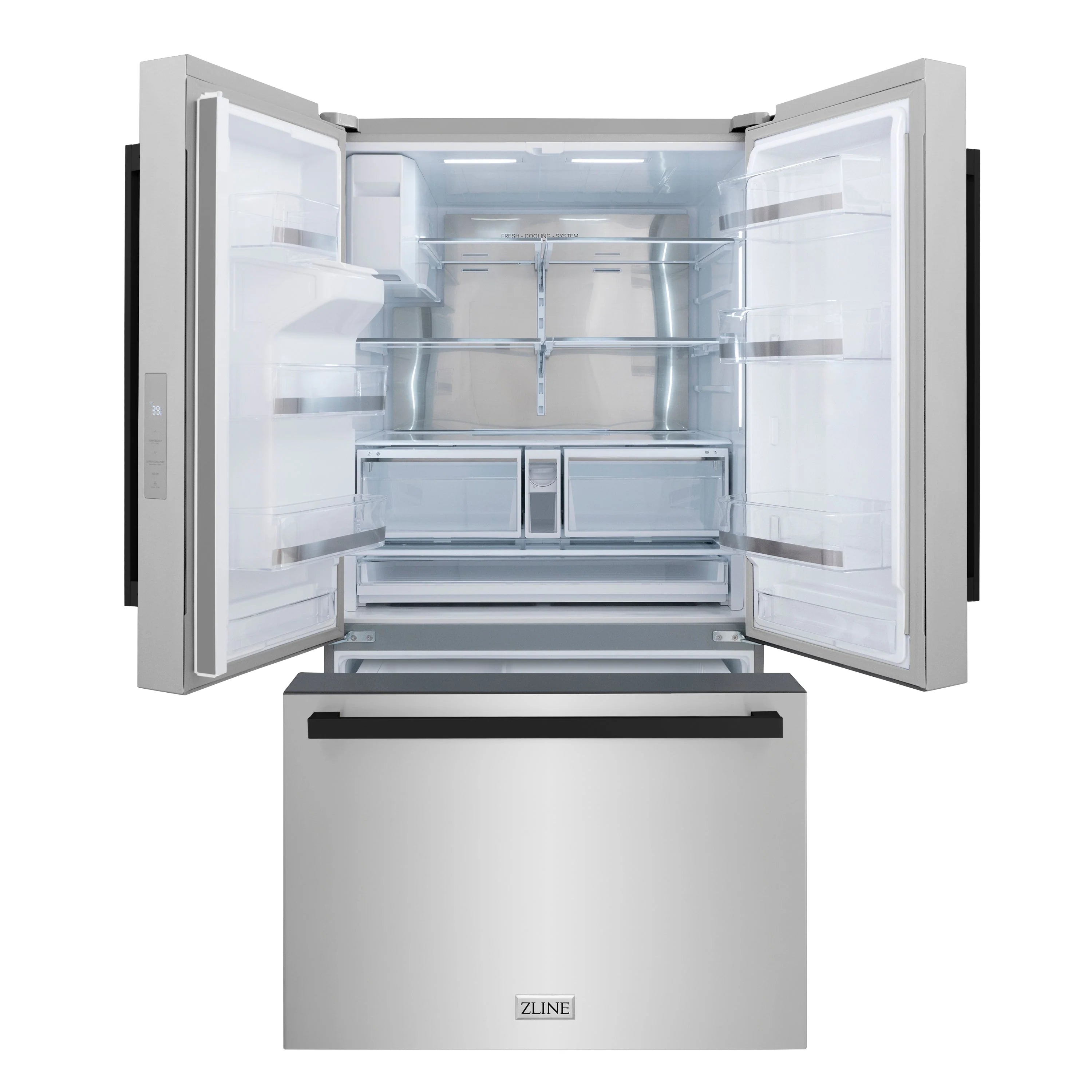 French door refrigerator with open freezer and refrigerator compartments