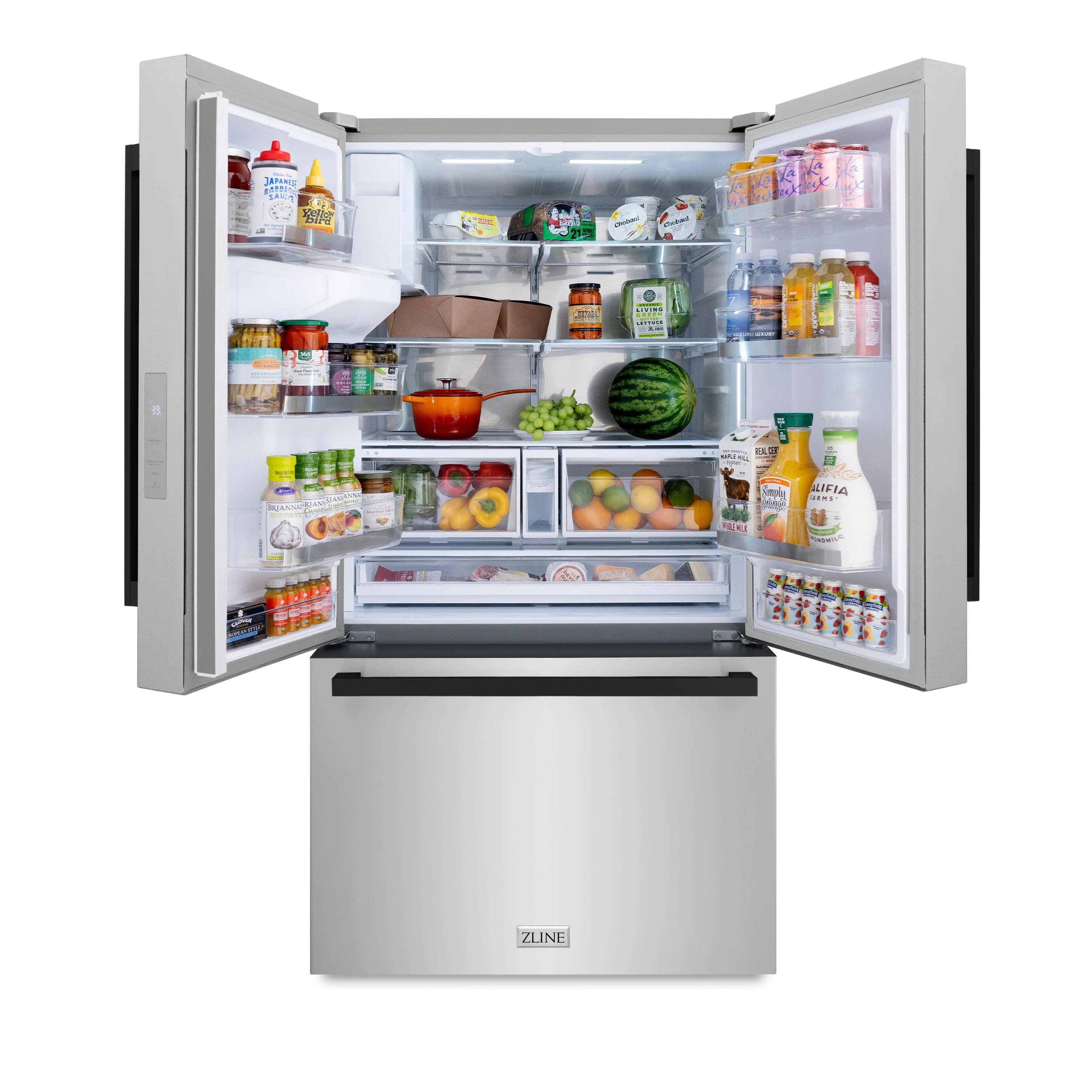 French door refrigerator interior with stocked shelves and door bins