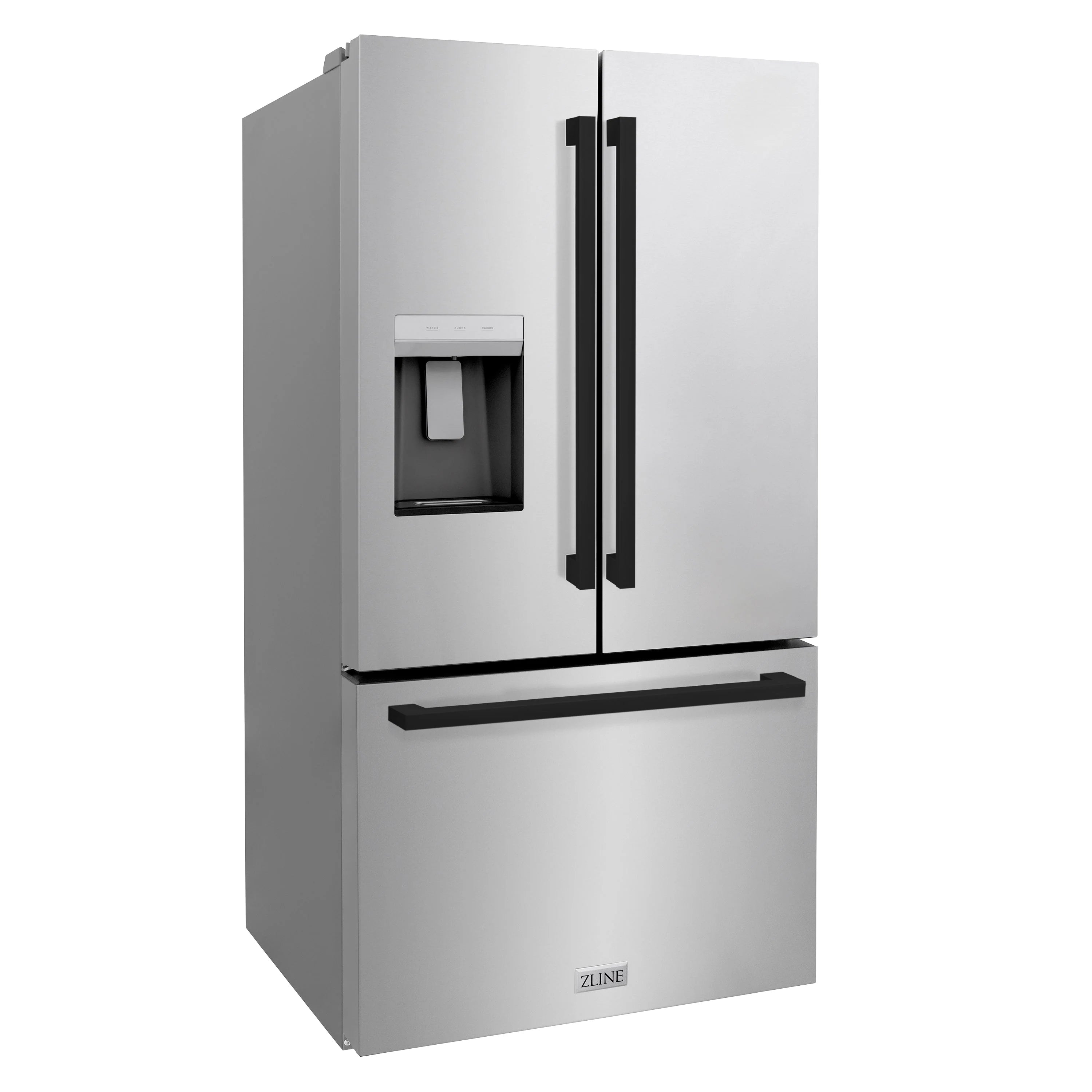 Stainless top-freezer French door refrigerator with external water dispenser and matte black handles
