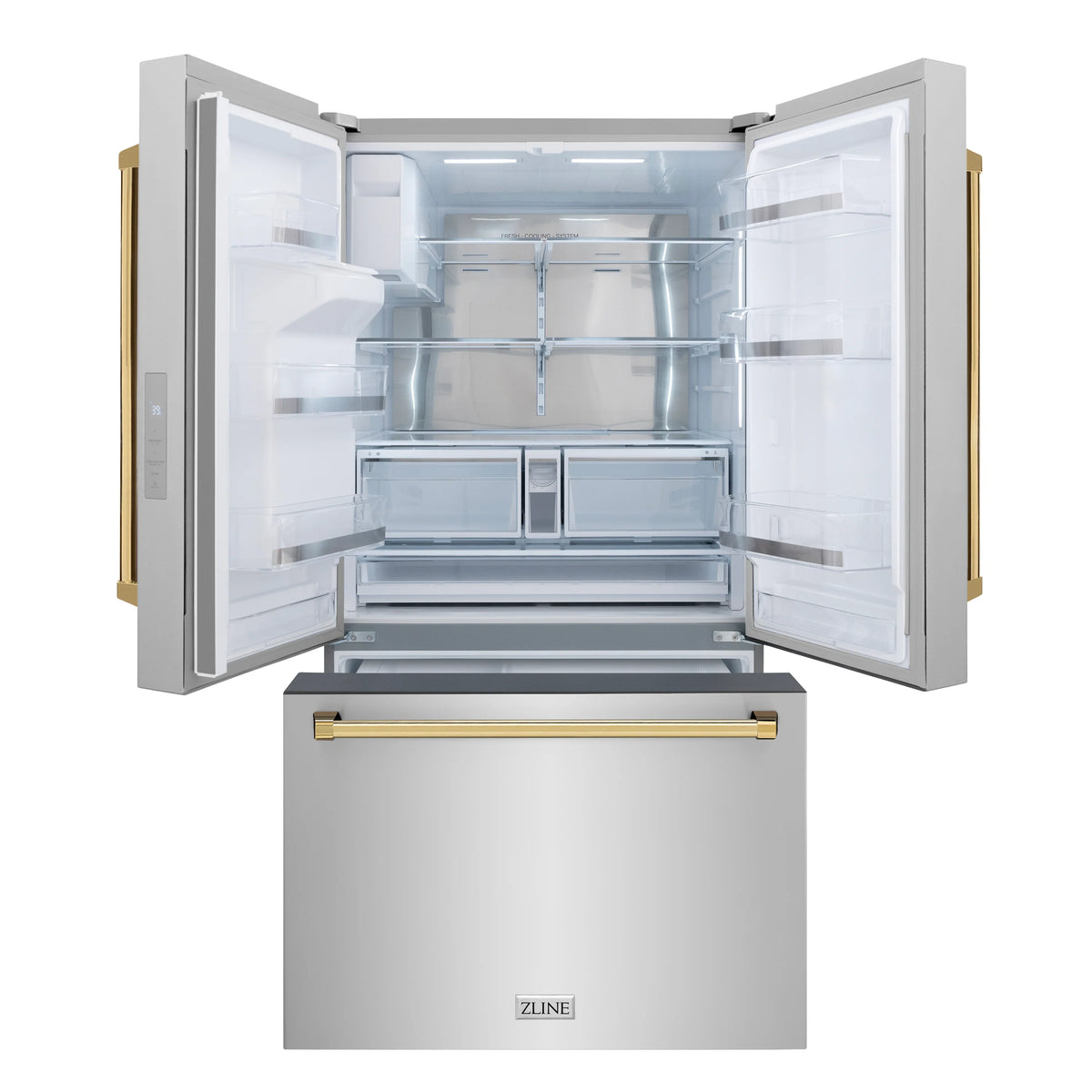 French door refrigerator with open doors and interior shelving, stainless with gold accents
