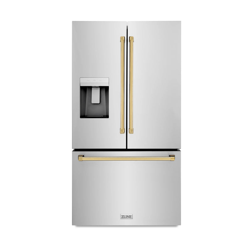 ZLINE Autograph Edition 36-Inch 28.9 cu. ft. Standard-Depth French Door External Water Dispenser Refrigerator with Dual Ice Maker in Fingerprint Resistant Stainless Steel and Polished Gold Handles (RSMZ-W-36-G)