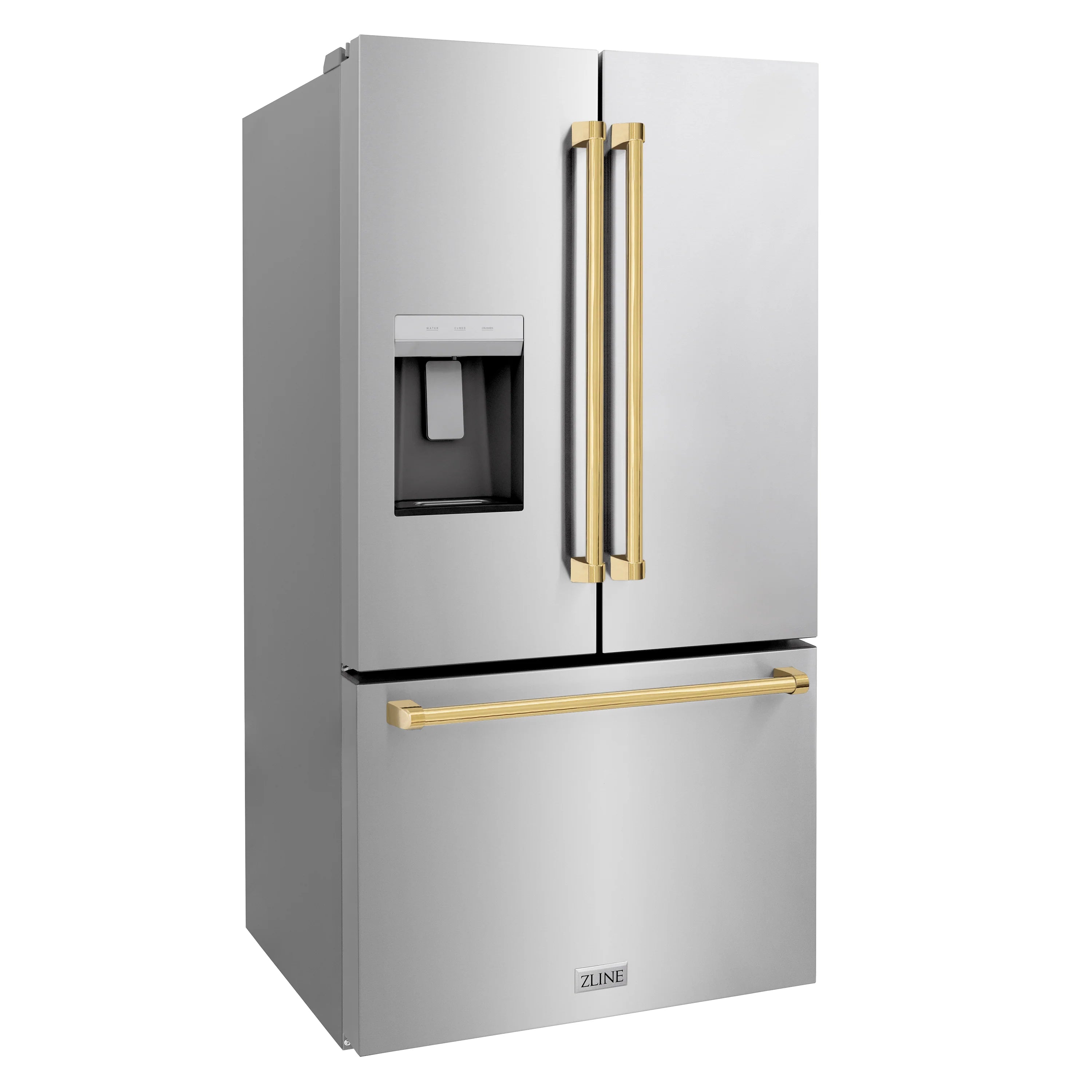 Stainless steel French door refrigerator with external water dispenser and gold handles
