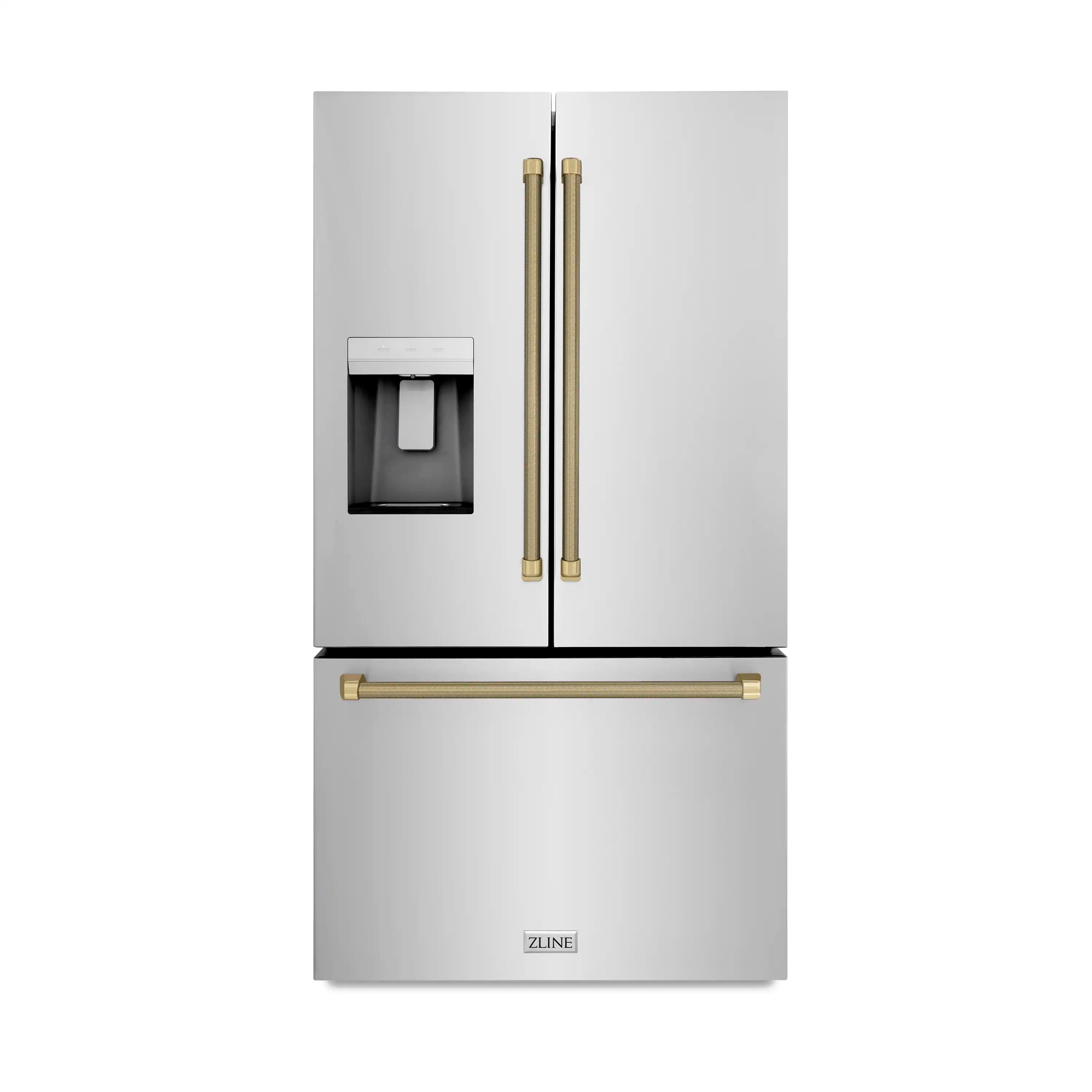French door refrigerator exterior in stainless steel with bronze long bar handles