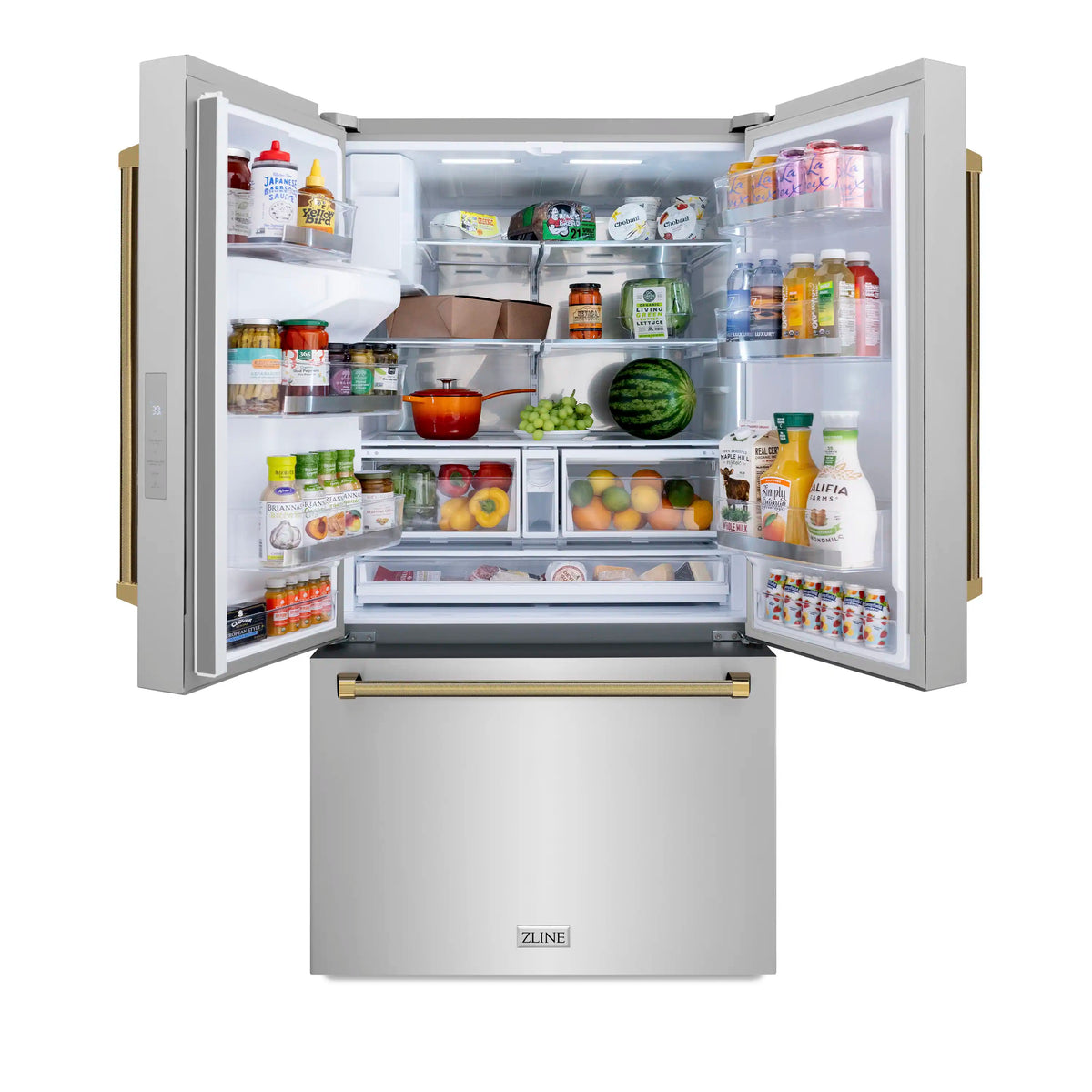 Stainless steel French door refrigerator with doors open, stocked shelves and produce drawers