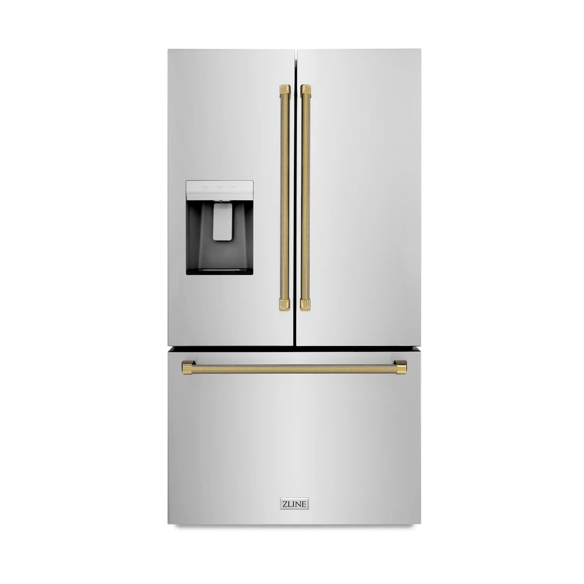 Stainless steel French door refrigerator with external dispenser and gold helix handles