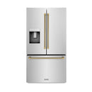 ZLINE Autograph 36-Inch Standard-Depth French Door Refigerator with External Water Dispenser & Dual Ice Maker in Stainless Steel with Gold Helix Handles (RSMZ-W-36-KG)