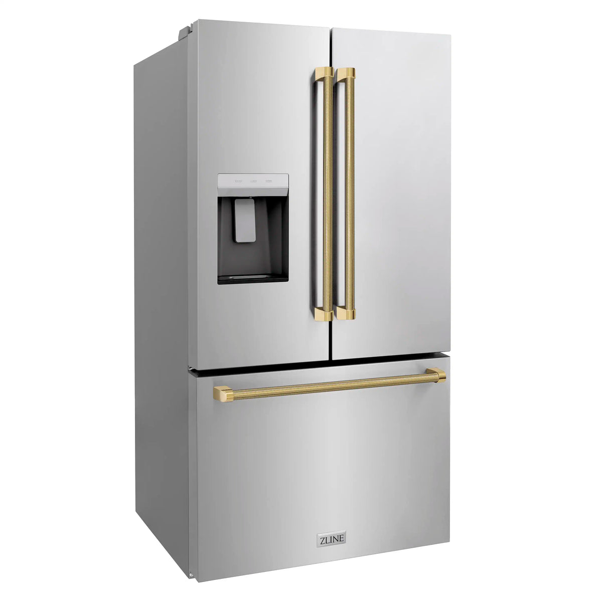 Stainless steel French door refrigerator with gold helix dispenser handles, front view