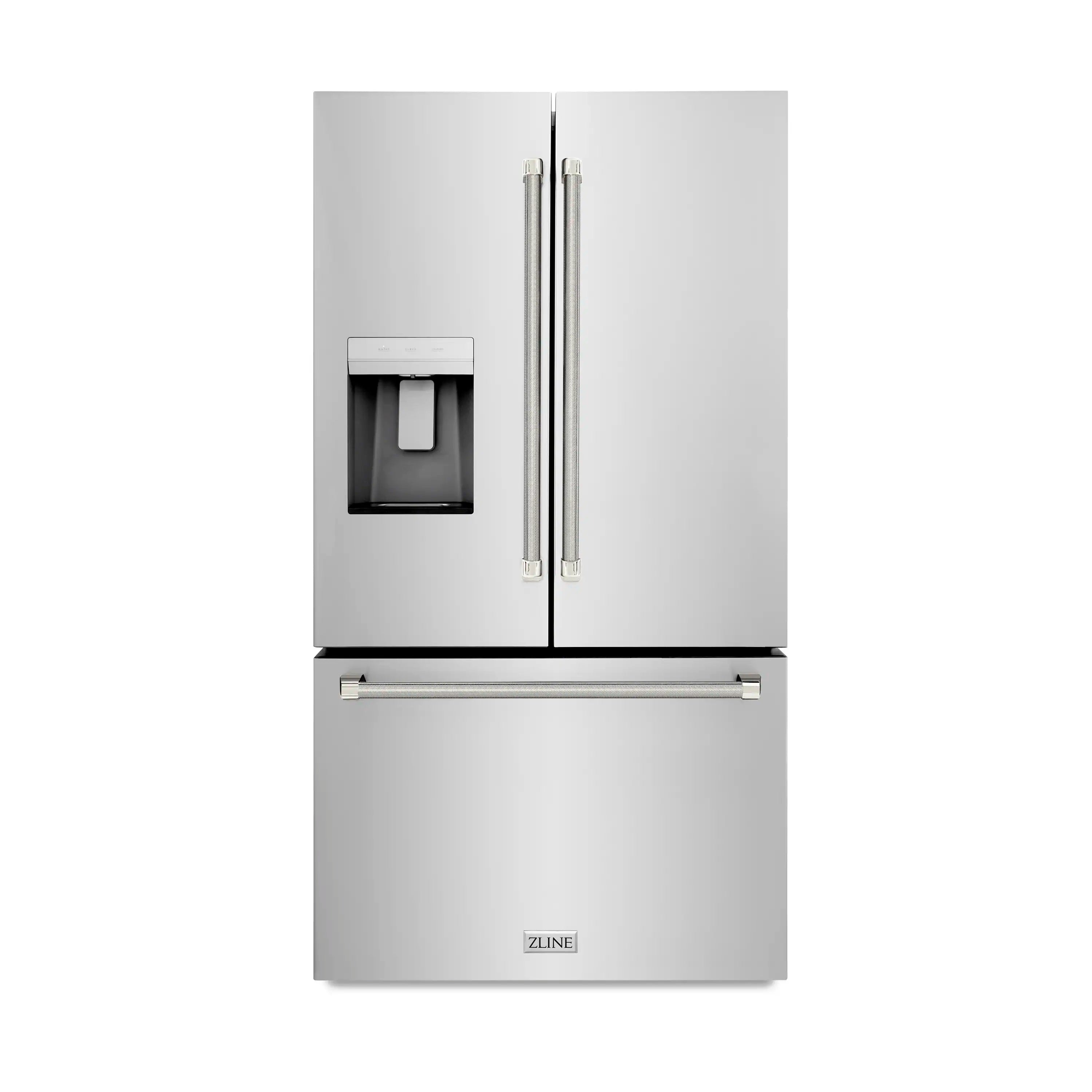Stainless steel French door refrigerator with external water dispenser and dual door design