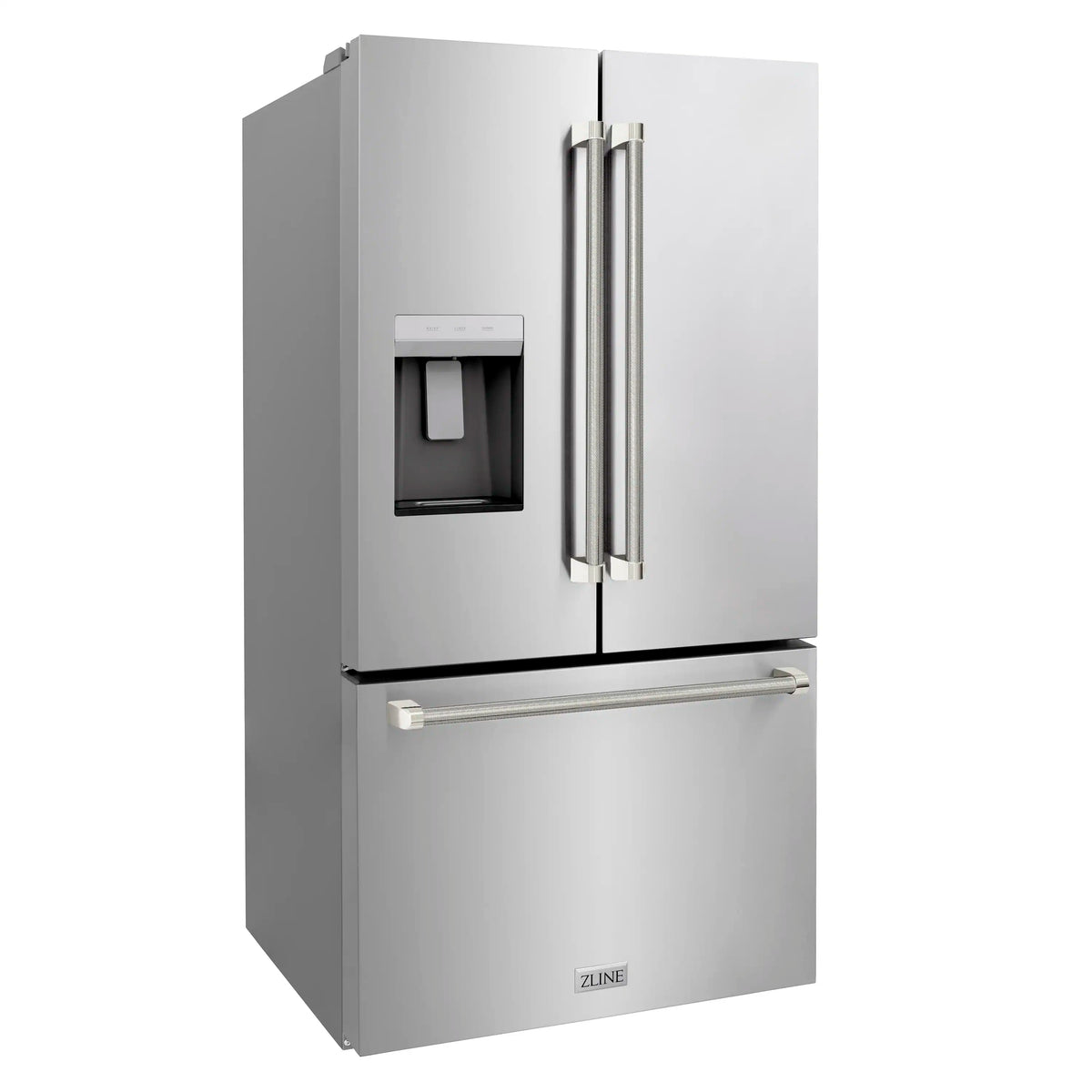 Stainless steel French door refrigerator with water dispenser on the upper left door