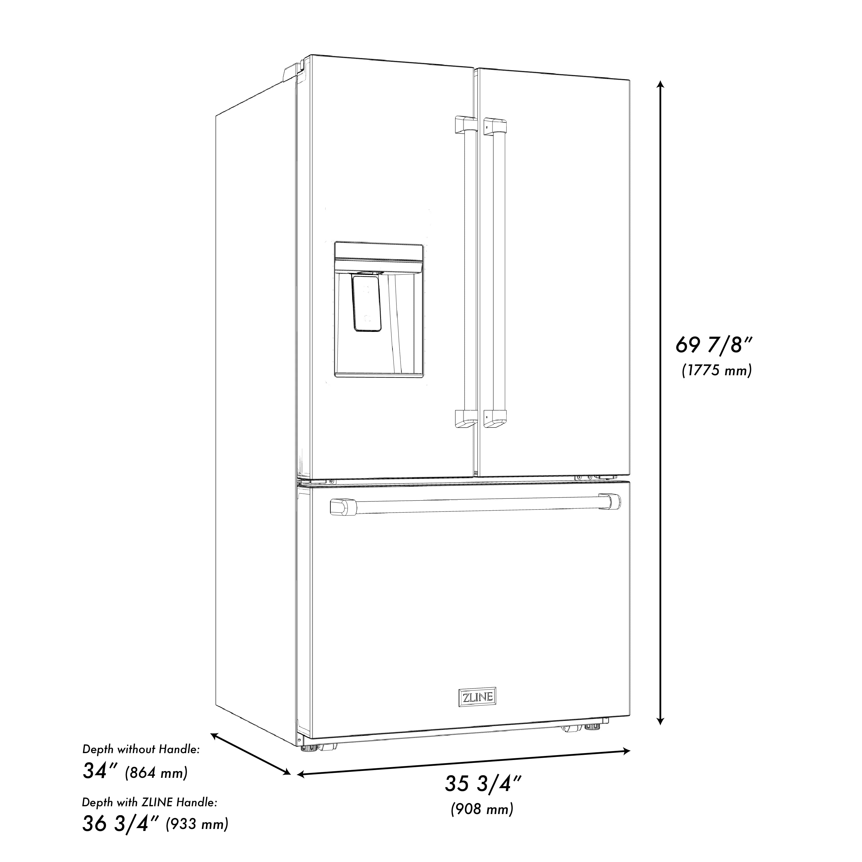Refrigerator dimensions diagram showing French door exterior and water dispenser area