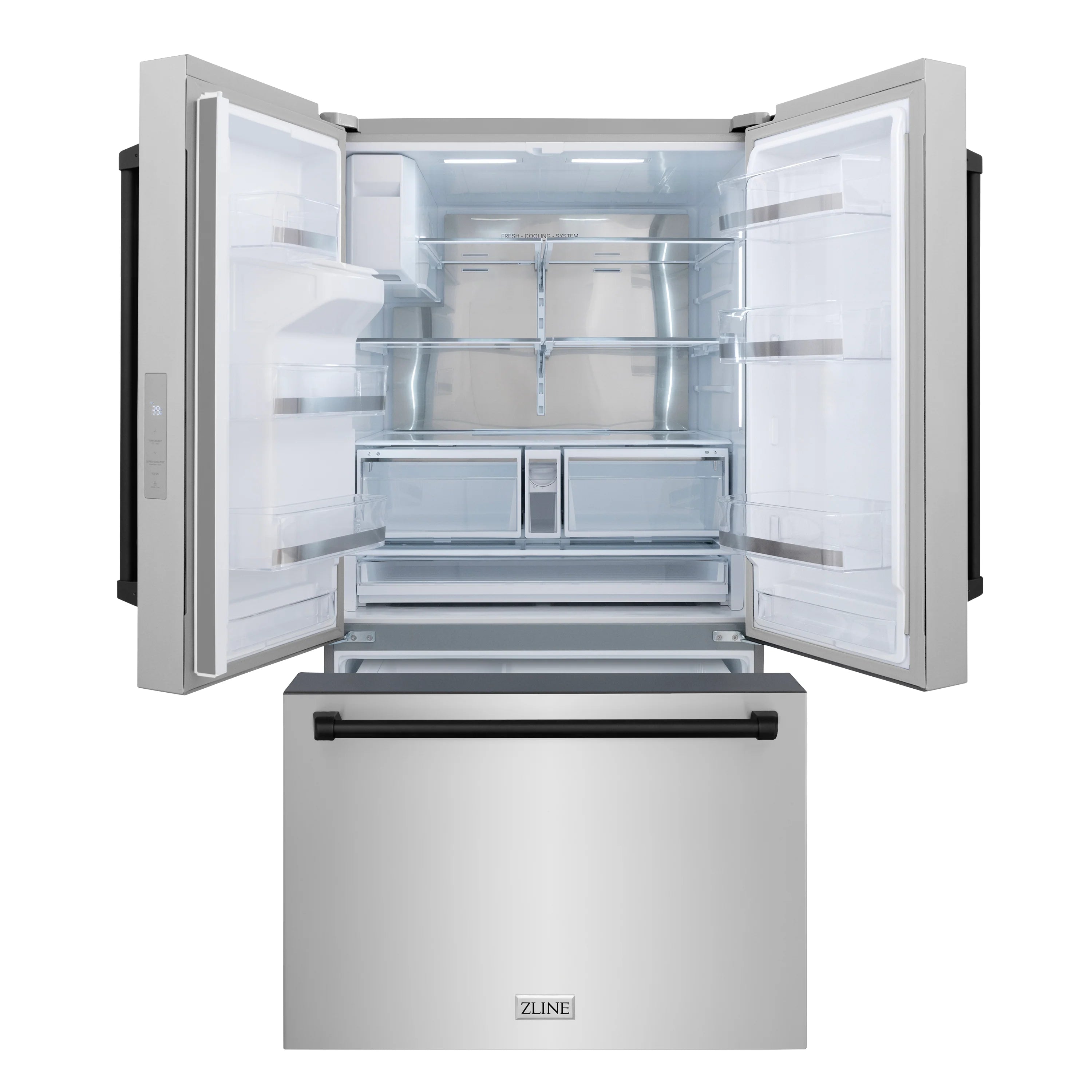 French door refrigerator open showing interior shelves, bins, and drawer storage