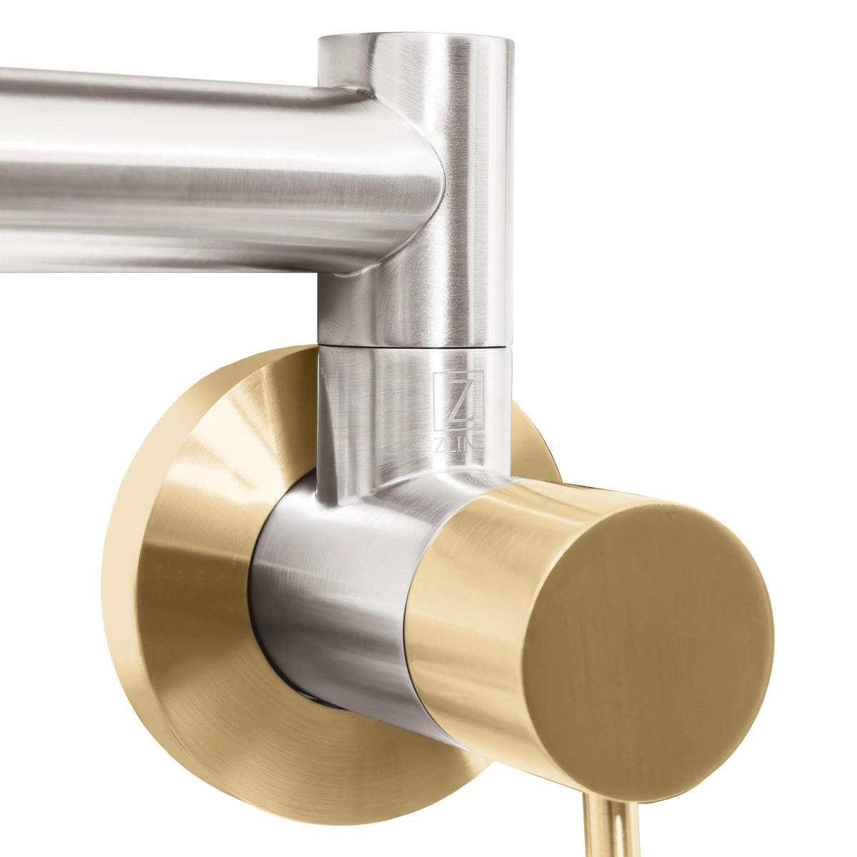 Close-up of champagne bronze and brushed nickel pot filler handle and inlet