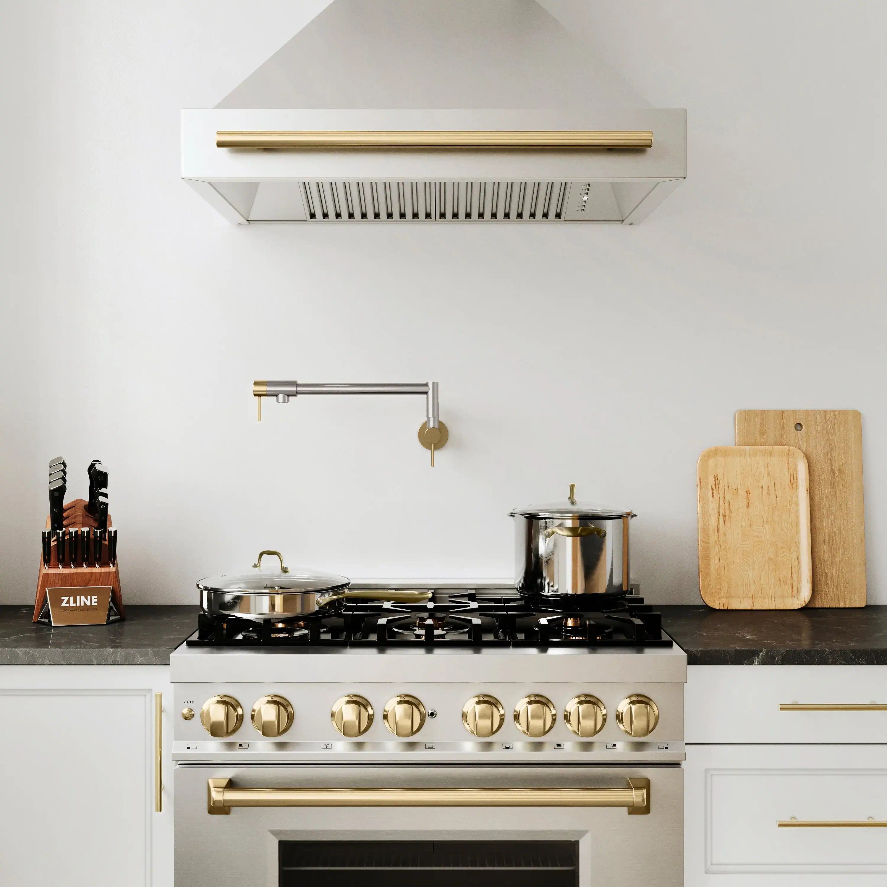Brushed nickel and champagne bronze Gemini pot filler faucet with wall-mounted twin spouts