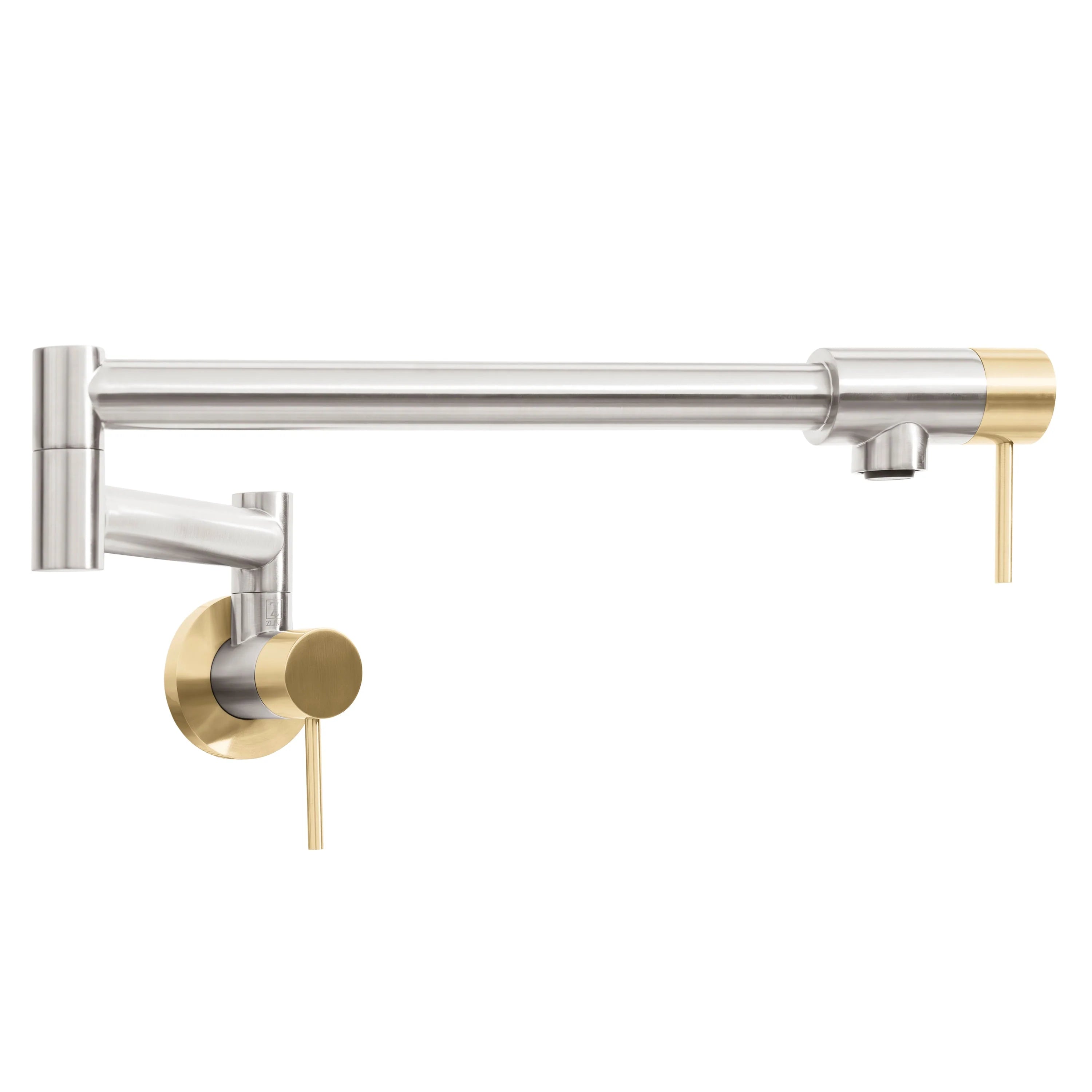Brushed nickel pot filler with champagne bronze accents and wall-mounting elbow
