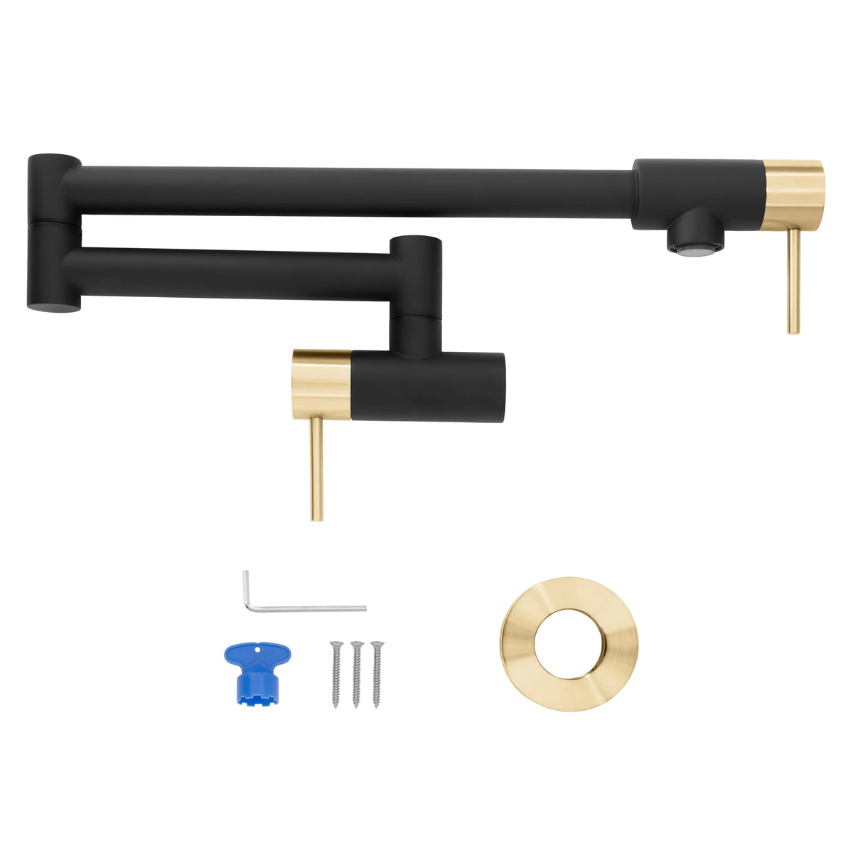 Matte black pot filler faucet set with champagne bronze spout, base plate, and mounting hardware.