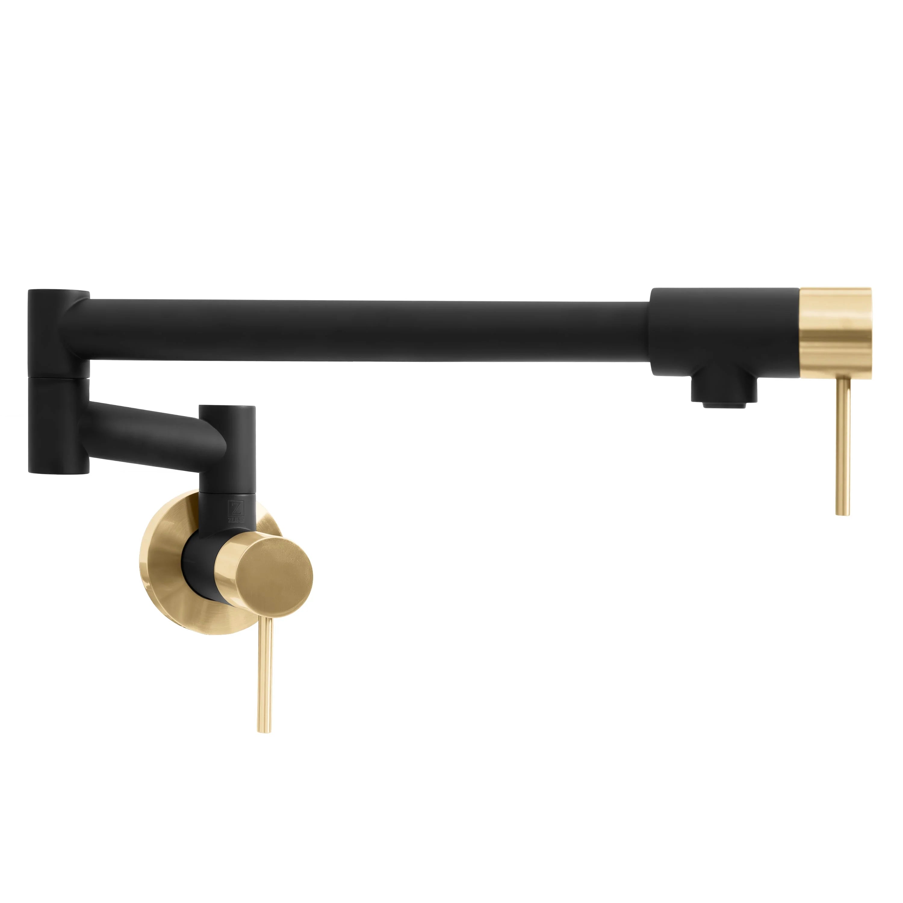 Matte black and champagne bronze pot filler faucet with swing spout and outlet tube.