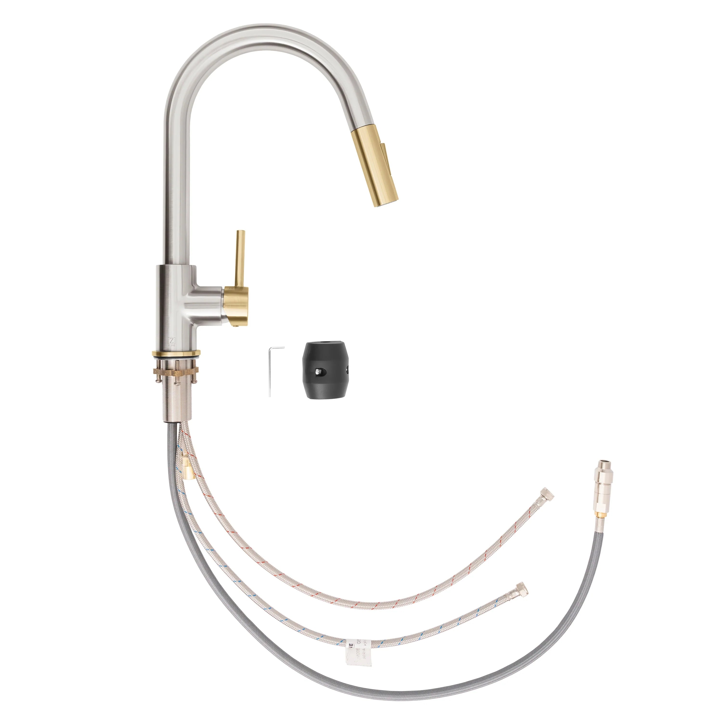 Pull-down kitchen faucet with high-arc spout, brushed nickel and champagne bronze accents