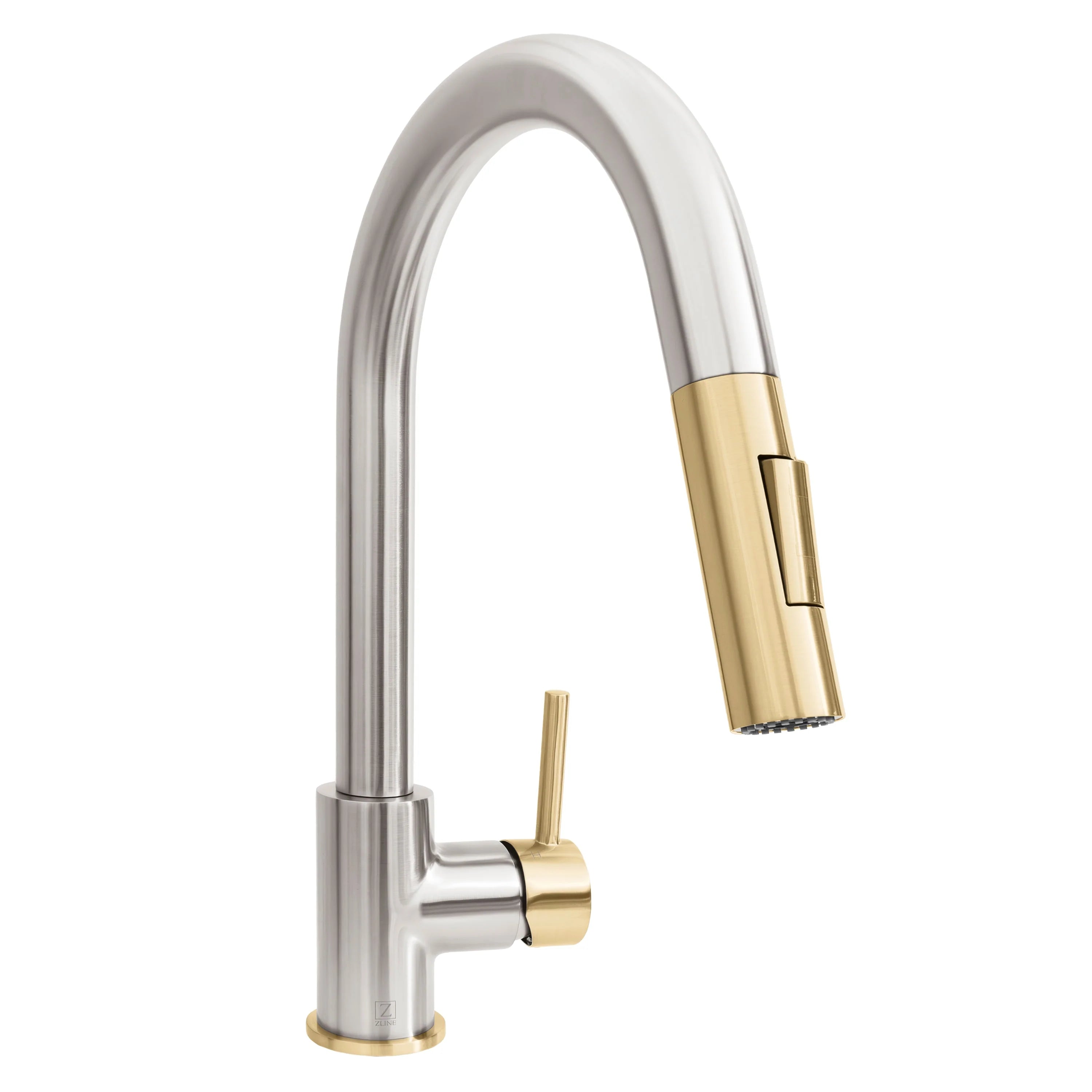 Brushed nickel pull-down kitchen faucet with champagne bronze side handle